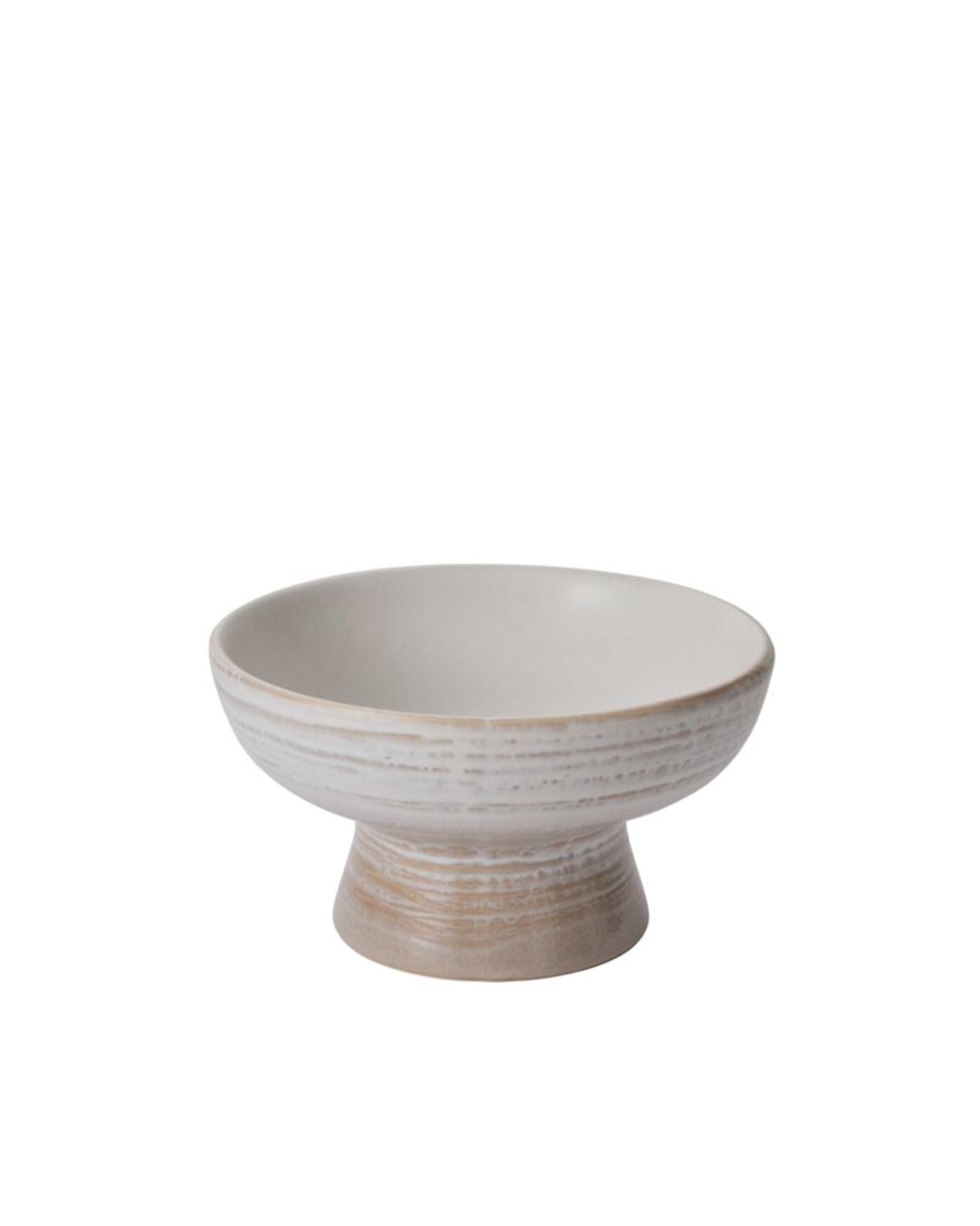 The Lorca Footed Bowl by Accent Decor features a wide, shallow white ceramic dish on a short cylindrical base with subtle beige and white stripes—perfect for home decor or displaying your favorite bowl fillers. Shown on a plain white background.