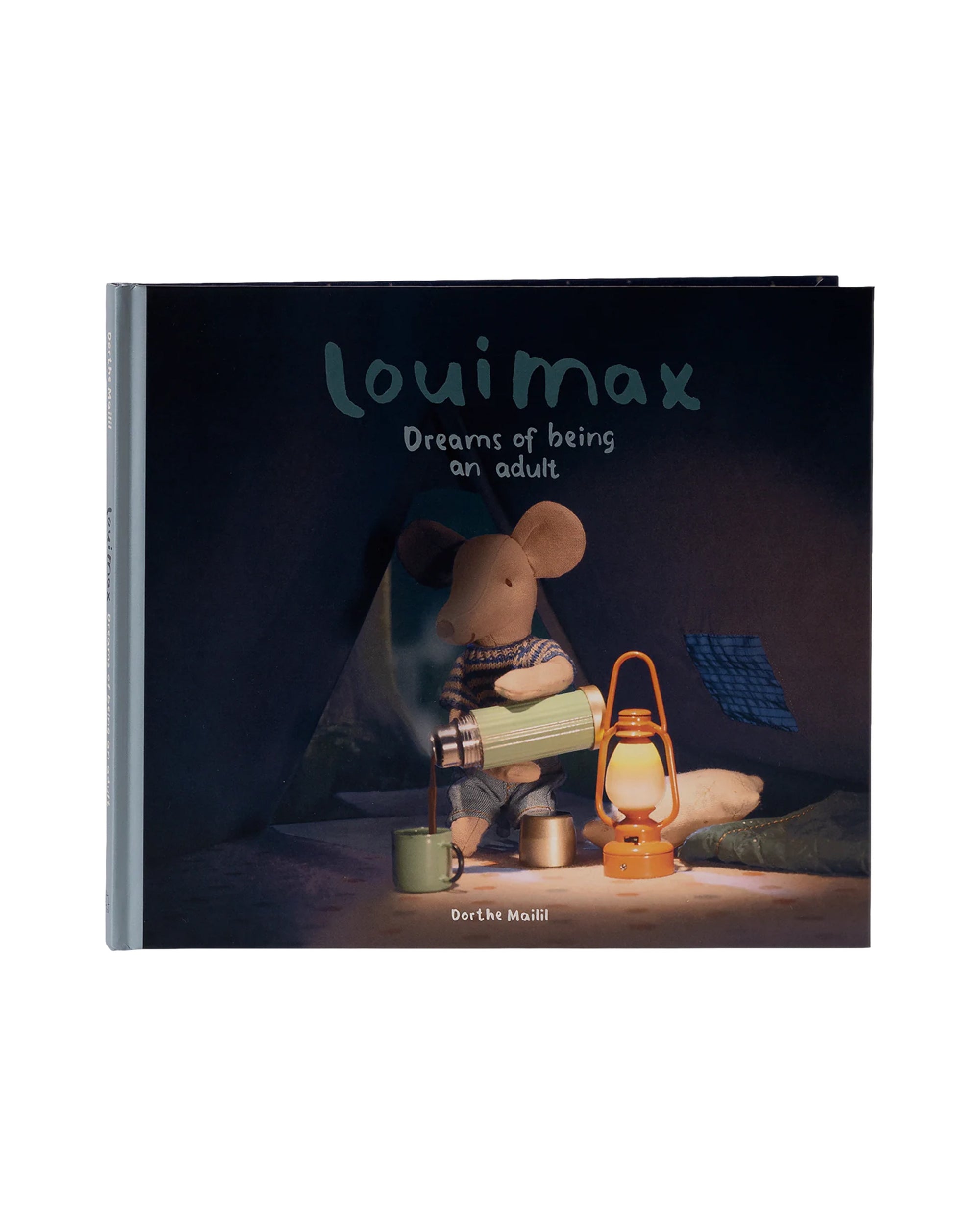 The Maileg LouiMax Book by Maileg tells the heartwarming story of LouiMax the mouse, who dreams of growing up, as he pours a drink beside a lantern inside a cozy tent at night.