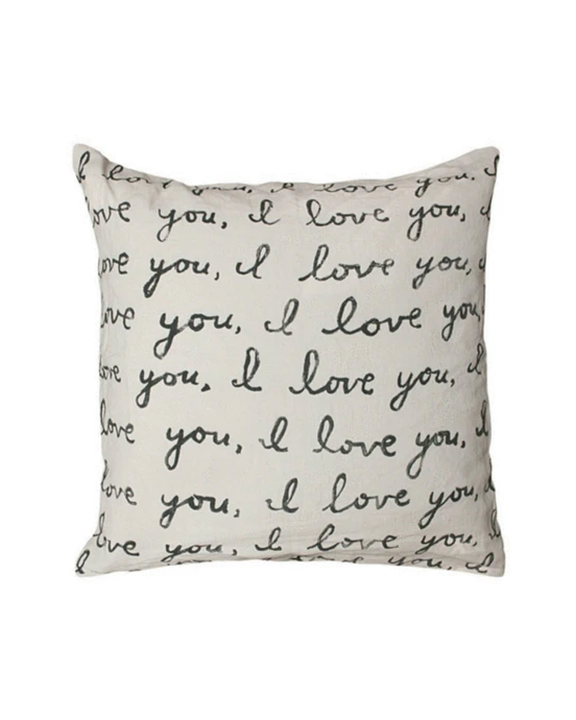 The Letter For You Pillow by Sugarboo Designs features “I love you” in black cursive on a white background, making it a charming decorative accent for any space.