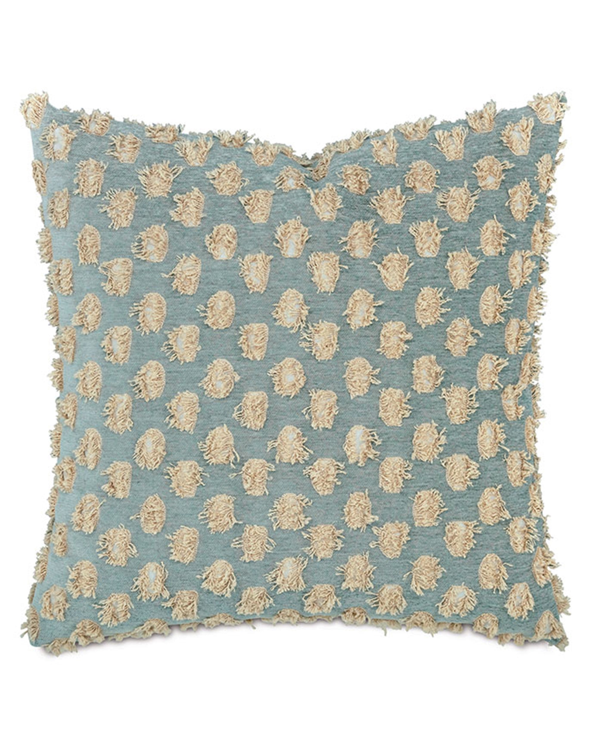 The Luton Fil Coupe by Eastern Accents is a spa-colored square accent pillow featuring beige tufted dots on light blue fabric, fringed edges, and a textured woven pattern—an elegant decorative touch for any space.