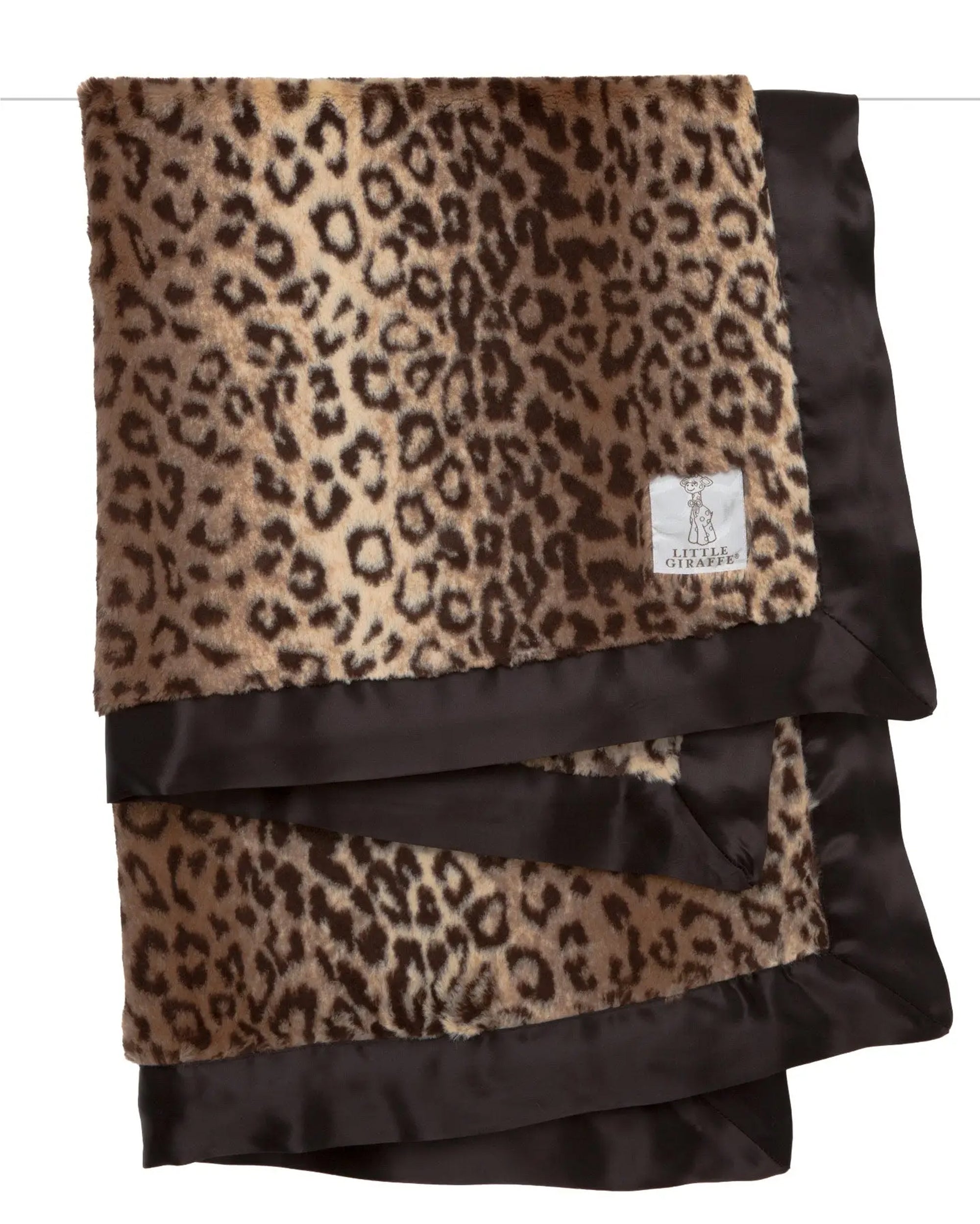 The Faire Luxe Leopard Baby Blanket features a leopard print with a smooth dark satin border and a small white logo label in one corner. This soft faux fur blanket is perfect for the nursery.