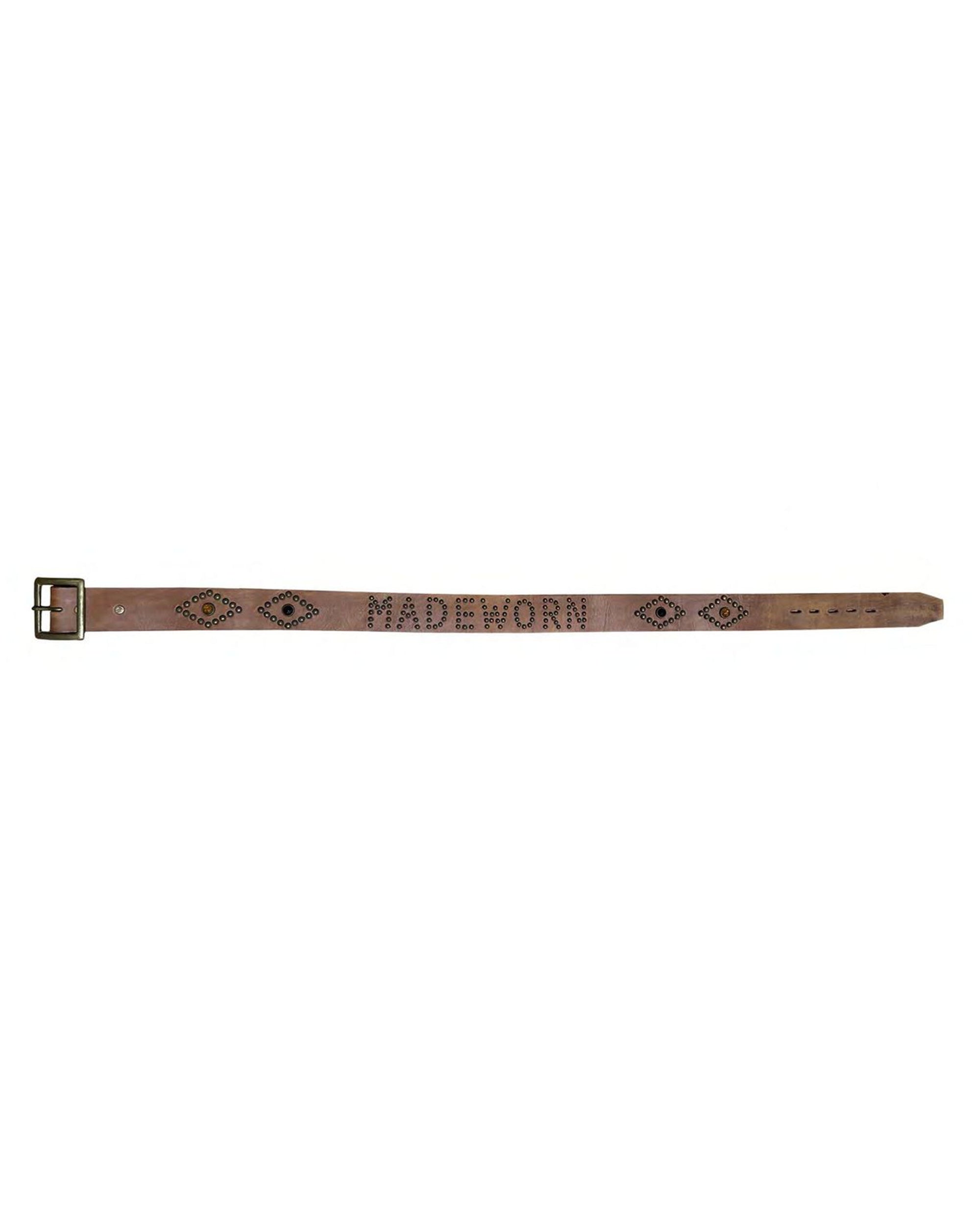 The Made Worn Madeworn Belt is a brown leather belt with a metal buckle, decorative patterns, and "MadeWorn" stamped in the center—perfect for adding unique style to any outfit.