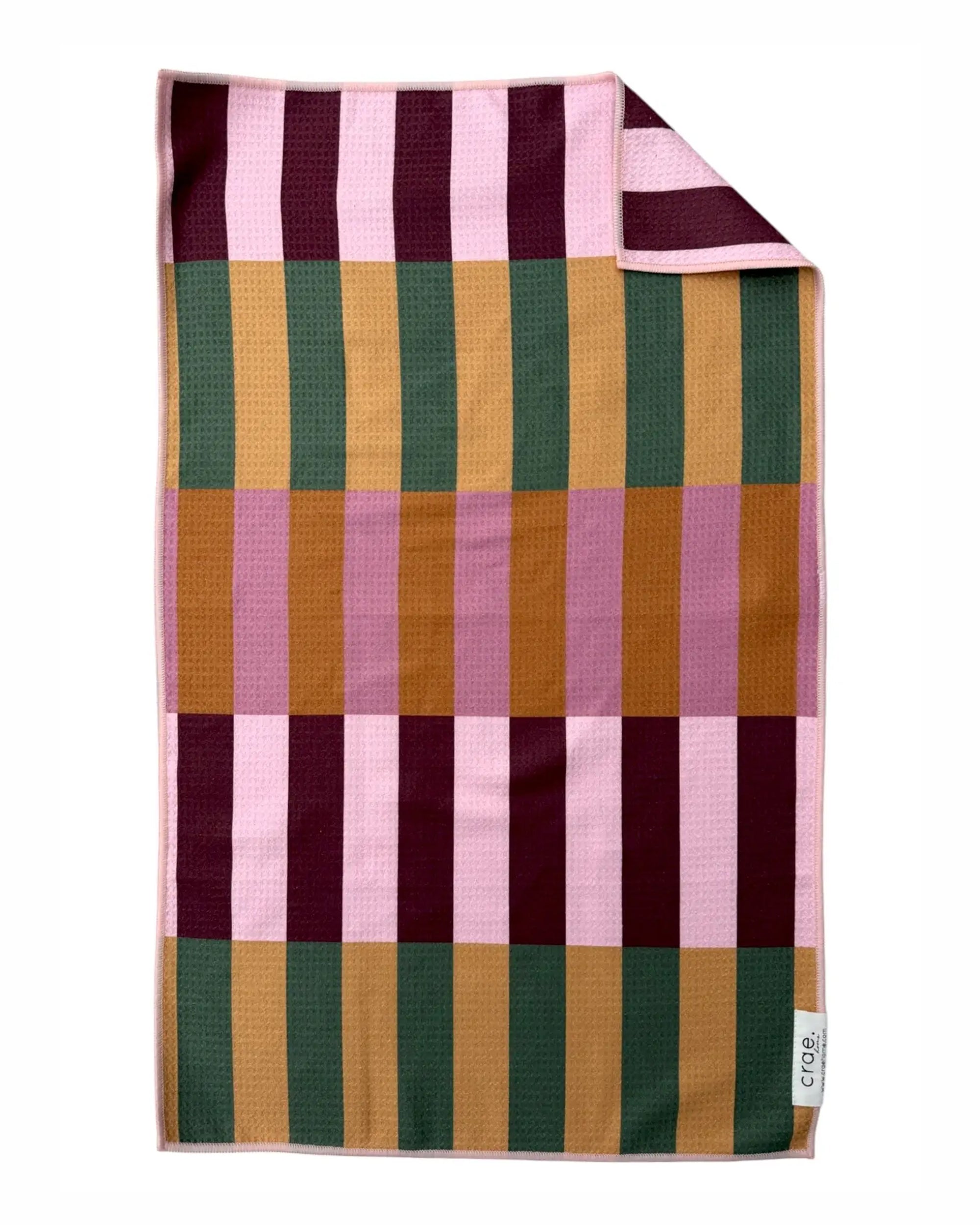 Waffle weave hand towel with gold, green, burgundy, and pink checks by Faire Maeve.