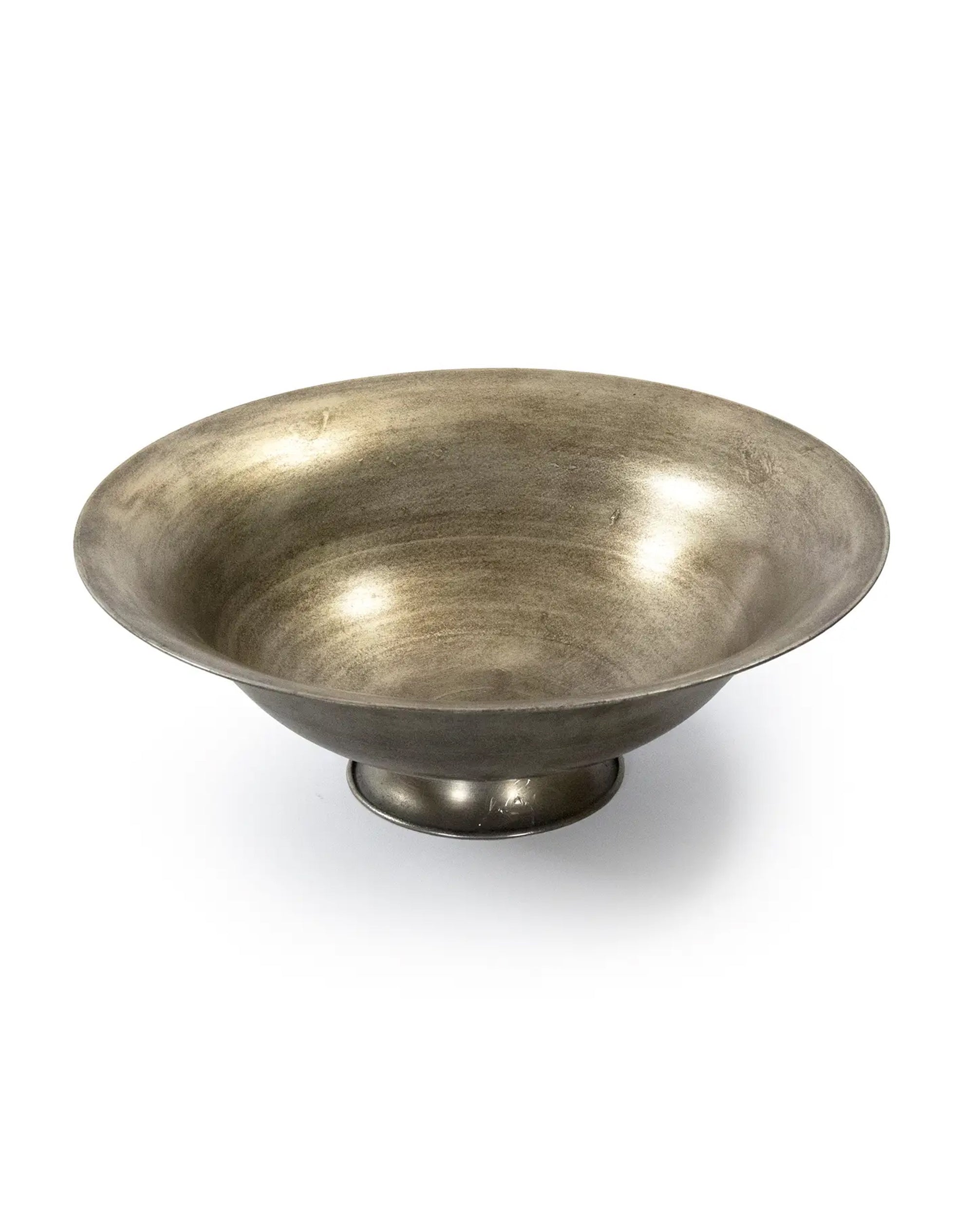 The Zentique Magalie Bowl Antique Gold is a shallow, round metallic centerpiece featuring a wide rim and small circular base, elegantly displayed on a plain white background.