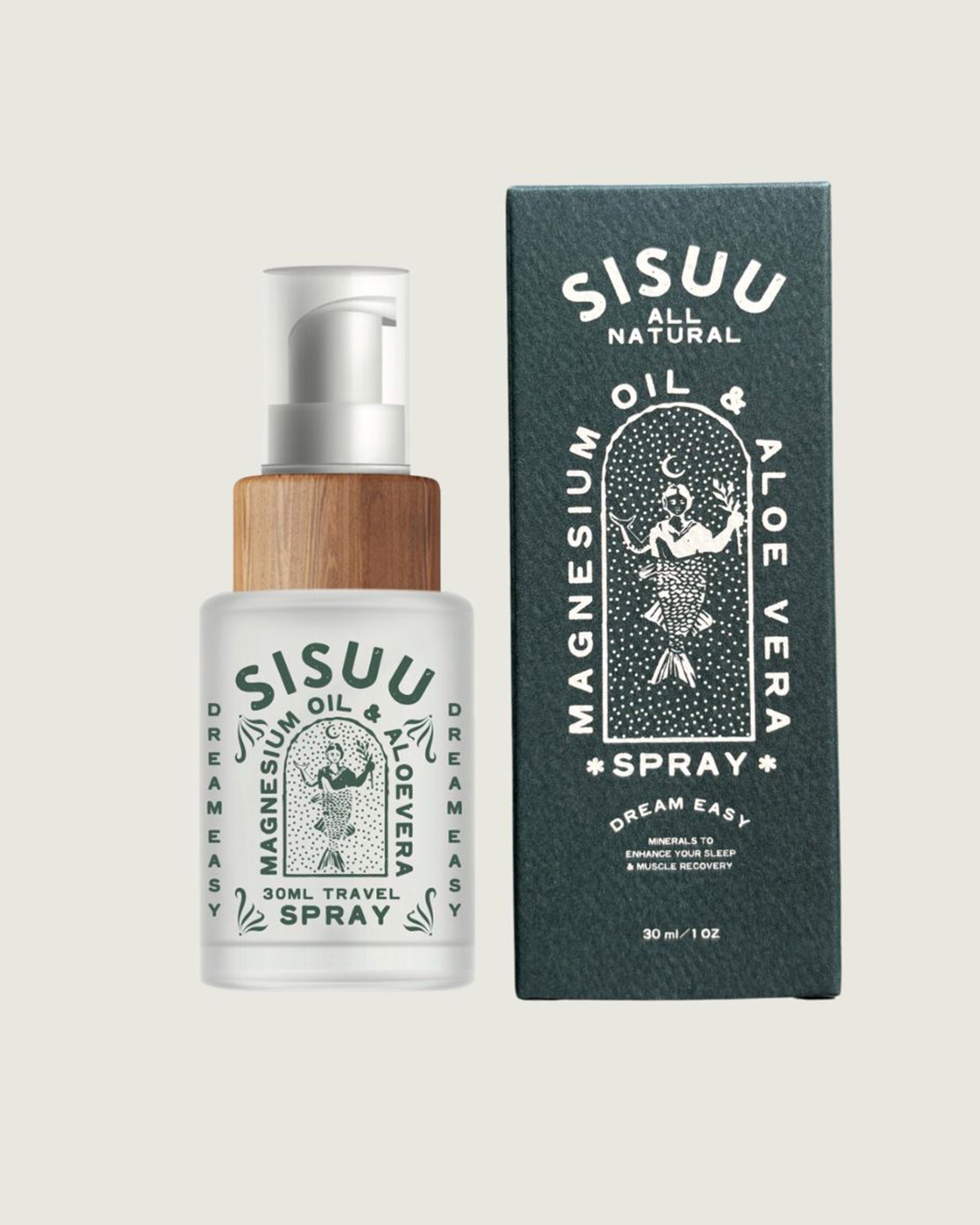 A 30ml bottle of Faire's SISUU Magnesium Oil & Aloe Vera Spray, with pure magnesium chloride and organic aloe vera, features a white pump and wooden collar beside its matching green "All Natural" and "Dream Easy" box.