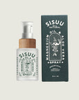 A 30ml bottle of Faire's SISUU Magnesium Oil & Aloe Vera Spray, with pure magnesium chloride and organic aloe vera, features a white pump and wooden collar beside its matching green "All Natural" and "Dream Easy" box.