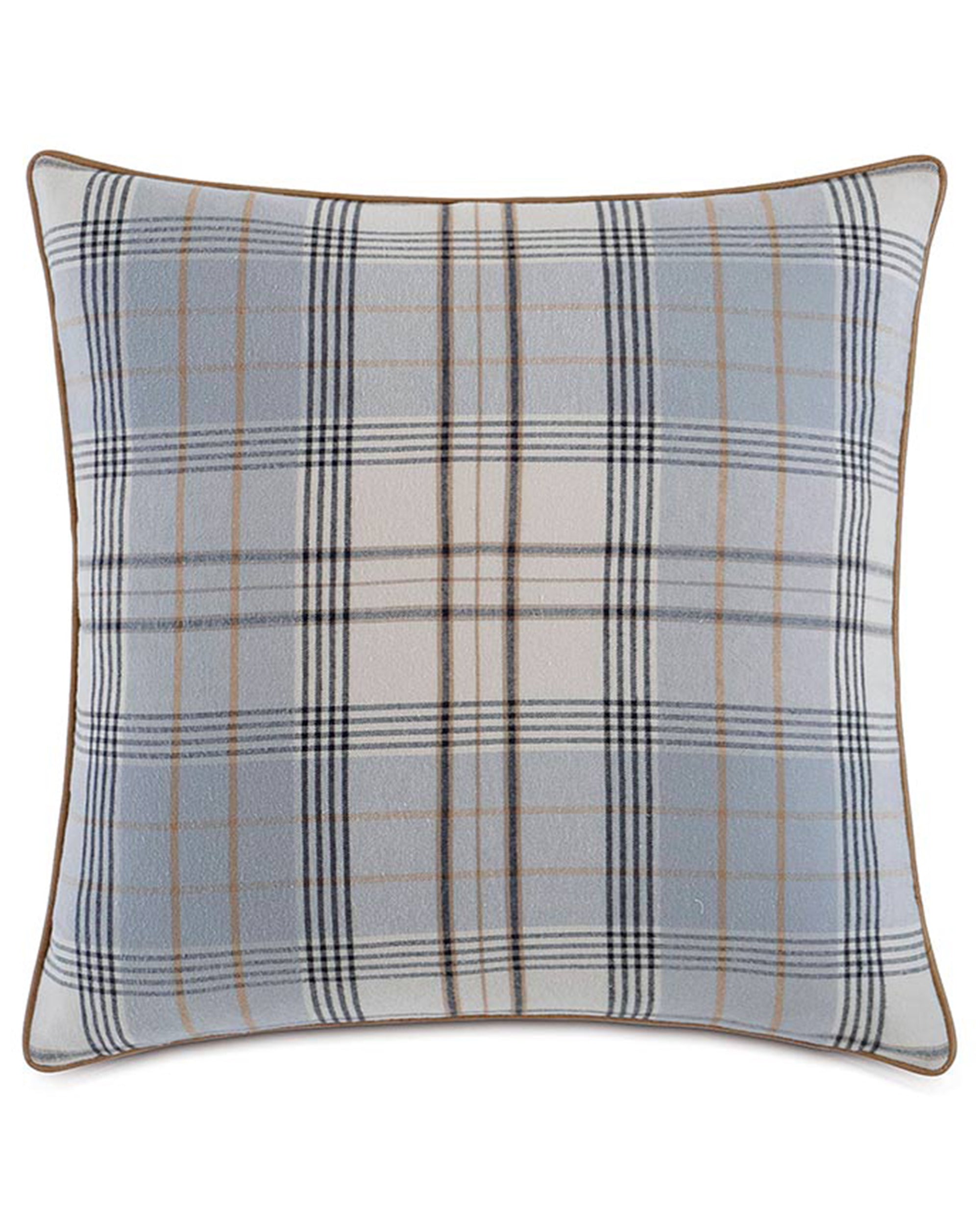 The Magnus Steel w/welt pillow by Eastern Accents features a gray, light blue, beige, and black plaid design with tan welt edges and a zipper closure.