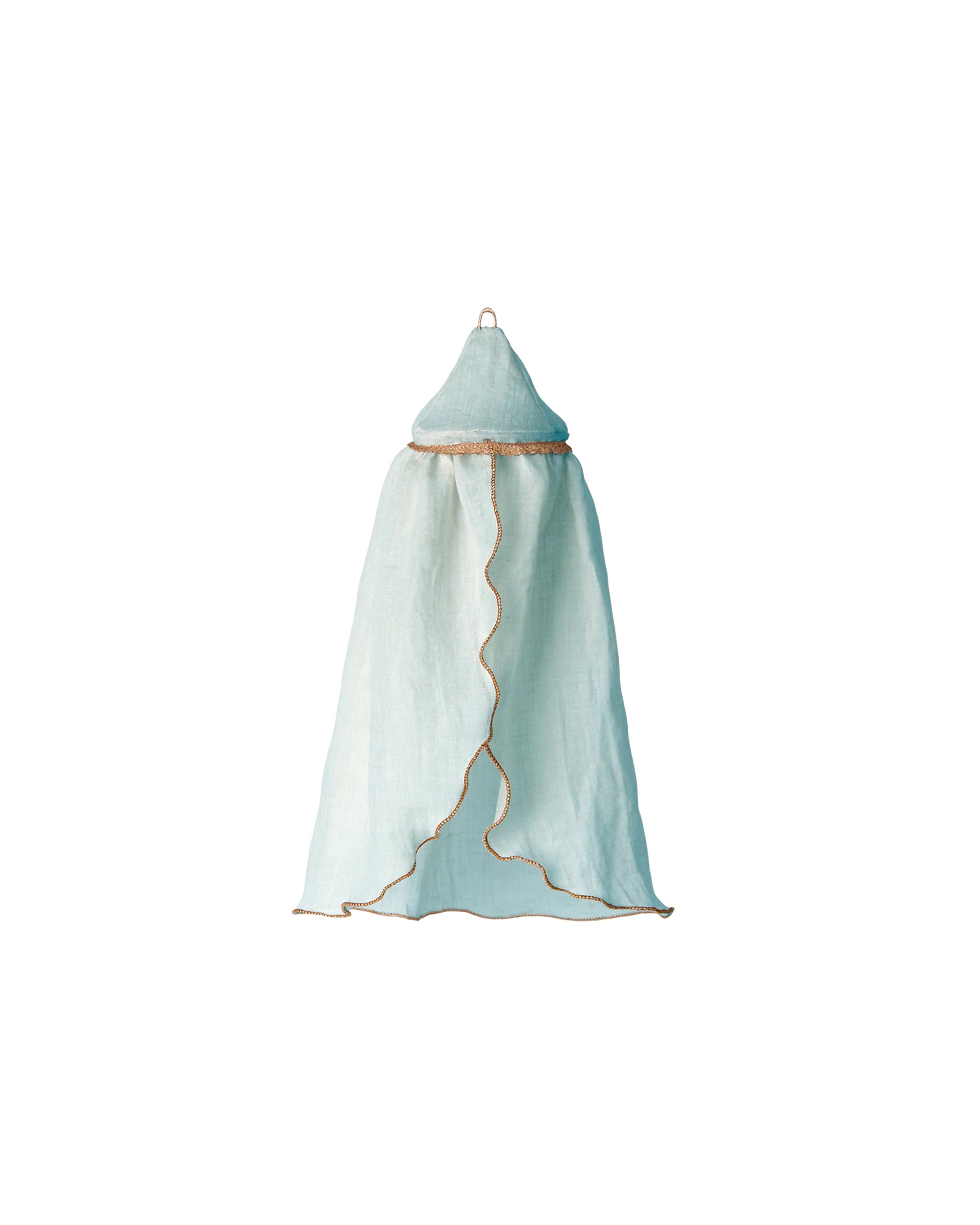 The Maileg Canopy Bed by Maileg features a light blue, conical-top canopy with wavy brown trim, ideal for bedroom decor. It hangs from a small top loop and is shown against a white background.