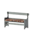 The Maileg Bench by Maileg is a small wooden mouse bench with a distressed gray finish, backrest, and cozy striped multicolored cushioning—perfect for lovers of charming mice furniture.