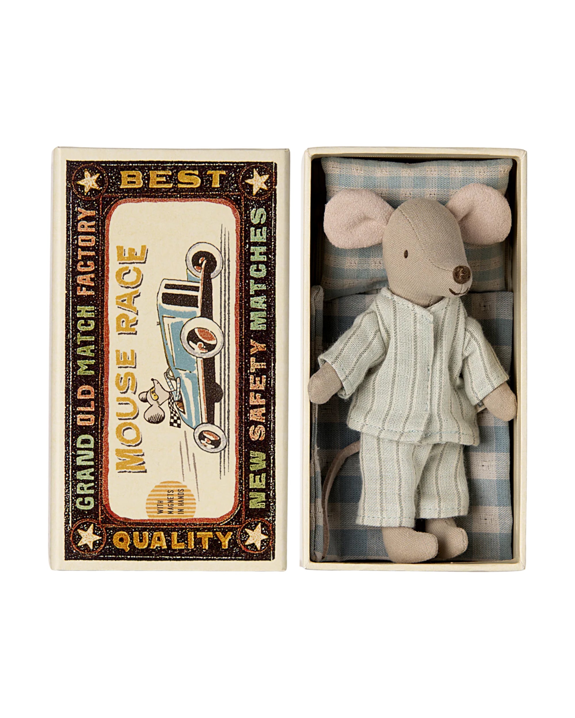 The Maileg Big Brother Mouse from Maileg wears soft striped pajamas and rests in a matchbox bed with a patterned blanket; the box lid features vintage racing car art and “Grand Old Match Factory, Mouse Race, Best Quality.”.