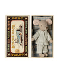 The Maileg Big Brother Mouse from Maileg wears soft striped pajamas and rests in a matchbox bed with a patterned blanket; the box lid features vintage racing car art and “Grand Old Match Factory, Mouse Race, Best Quality.”.