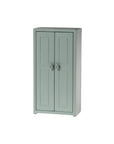 The Maileg Closet by Maileg is a small, light green wooden cabinet with two paneled doors and round knobs, ideal as a mouse wardrobe or organizer, and stands on short legs against a plain white background.