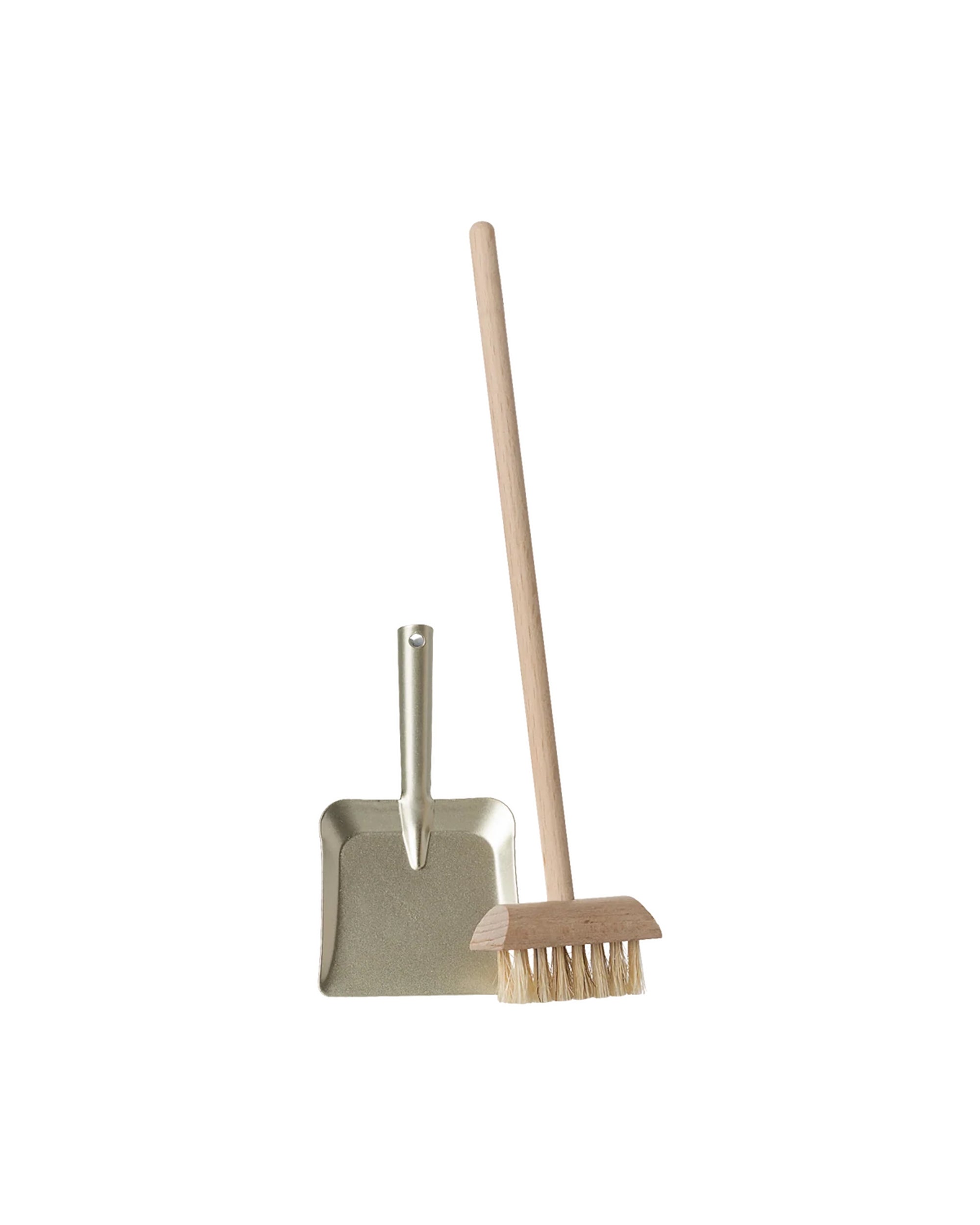 Metal dustpan and wooden-handled brush from Maileg Broom Set on white background by Bungalow Furniture &amp; Accessories.