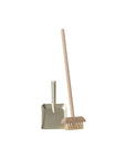 Metal dustpan and wooden-handled brush from Maileg Broom Set on white background by Bungalow Furniture & Accessories.