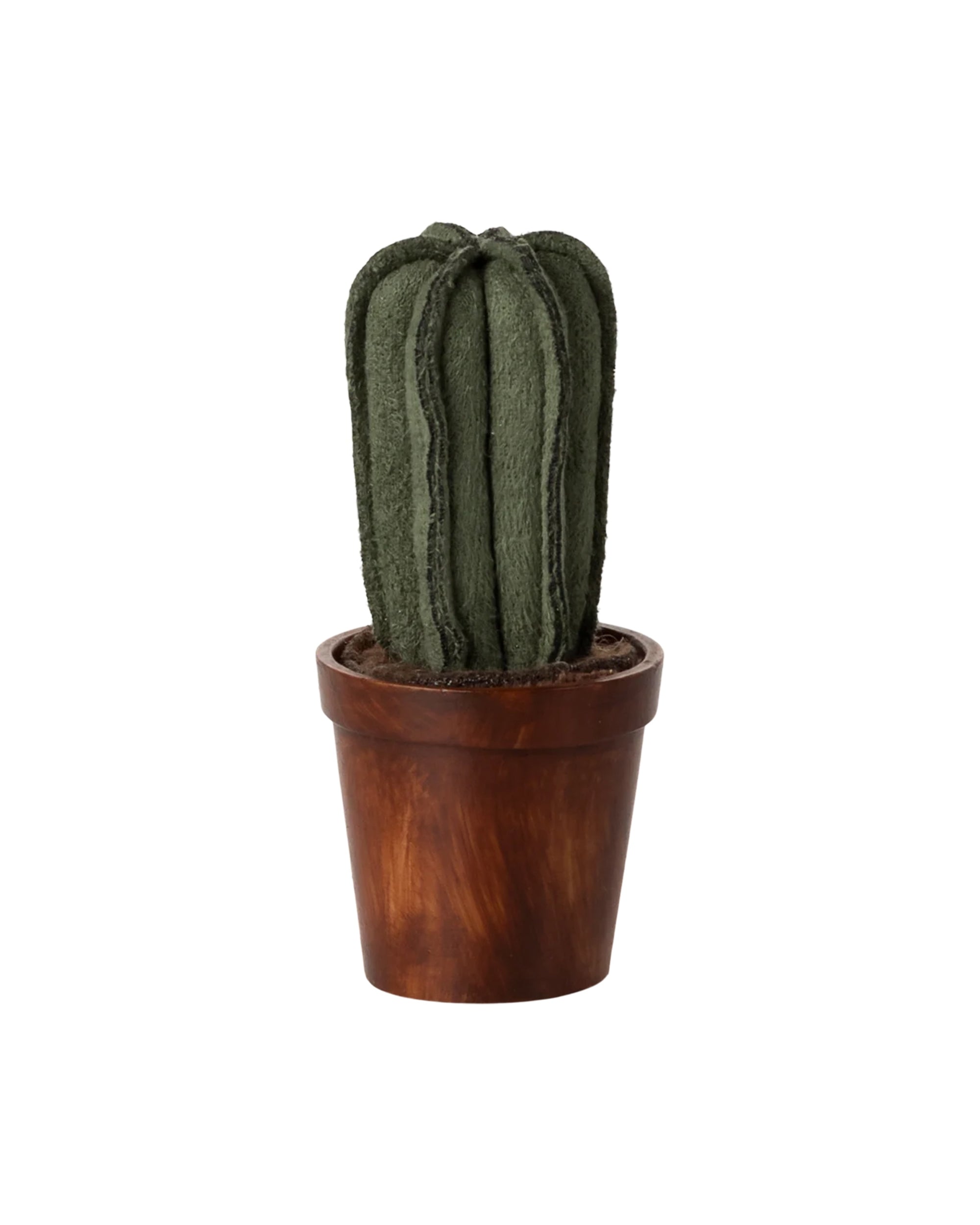 The Maileg Flower Pot by Maileg features a plush green cactus toy with vertical ridges in a brown, wooden-look pot, resembling playful fabric plants against a white background.