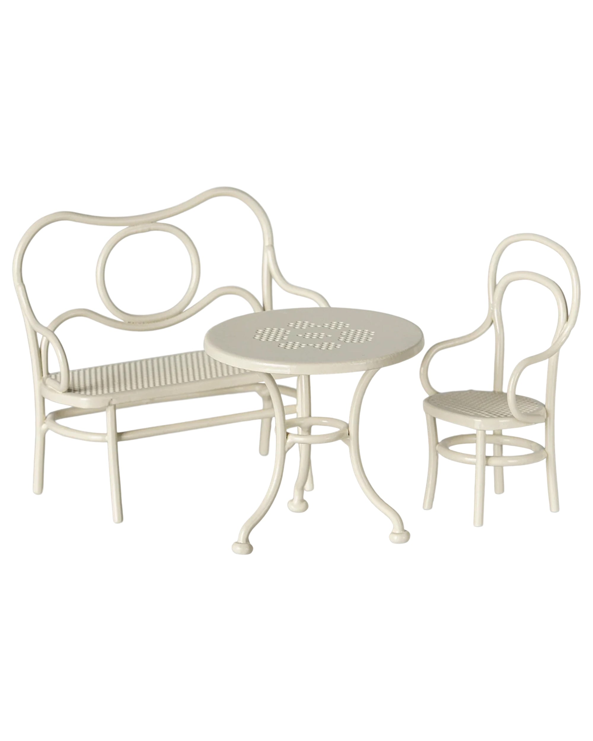 White metal bench, round table, and chair with curved designs from Maileg Café Set Small at Bungalow Furniture &amp; Accessories.