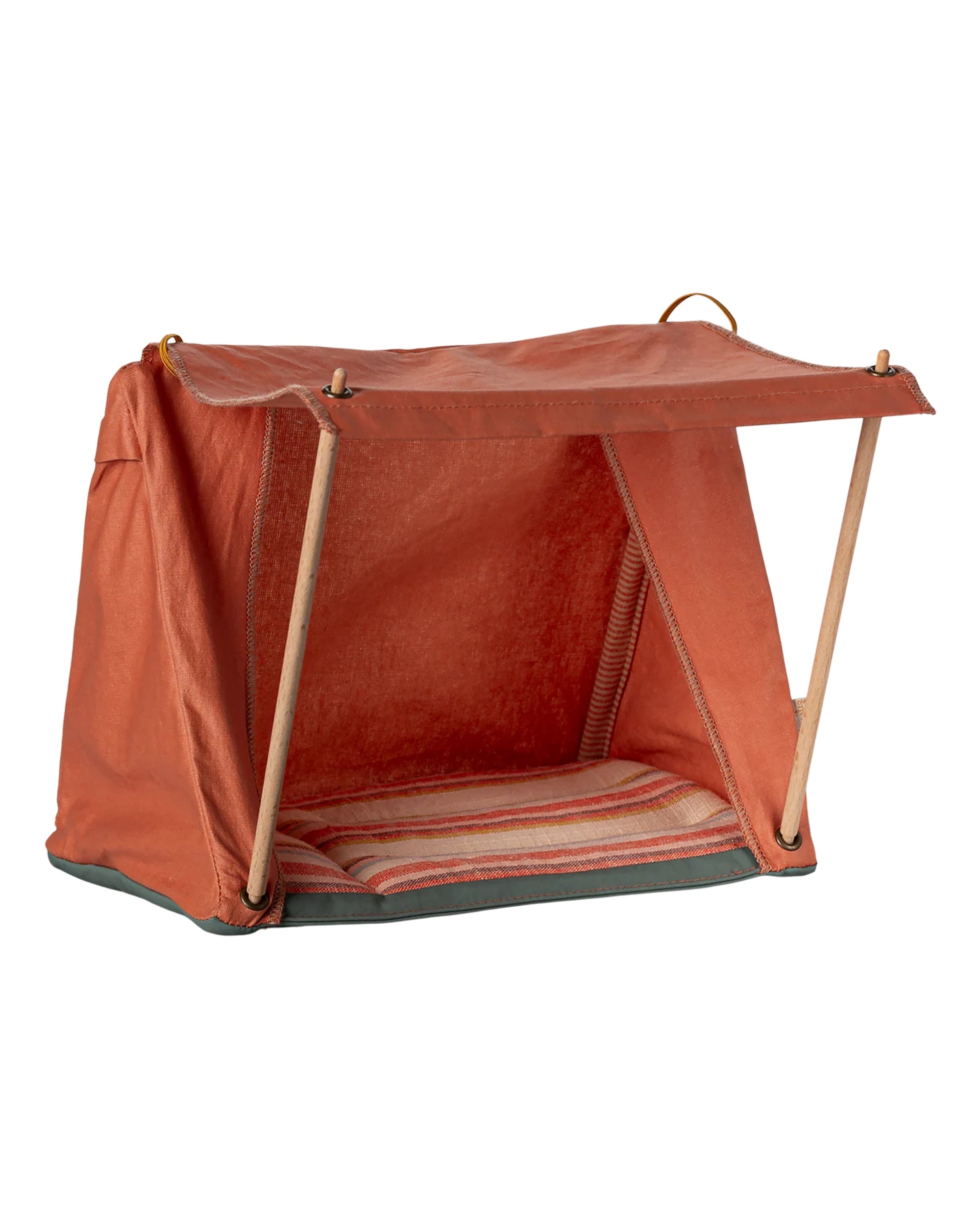 The Maileg Happy Camper Mouse Tent by Maileg is a small orange fabric tent with wooden poles and an open front, set on a striped cushion. Shown empty against a white background, it's ideal for imaginative play and outdoor adventures.