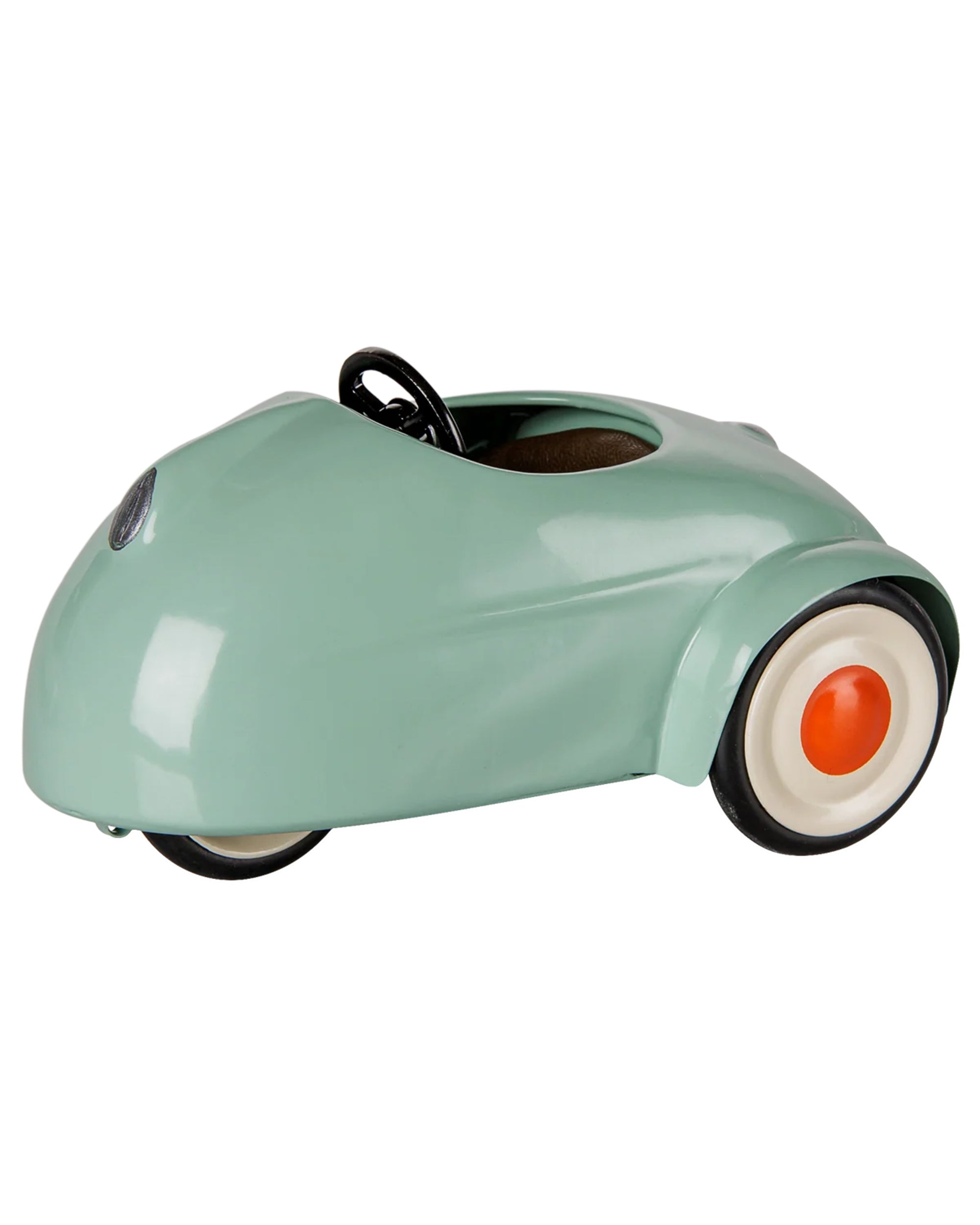 Light green vintage metal toy car with whitewall tires and black steering wheel by Maileg.