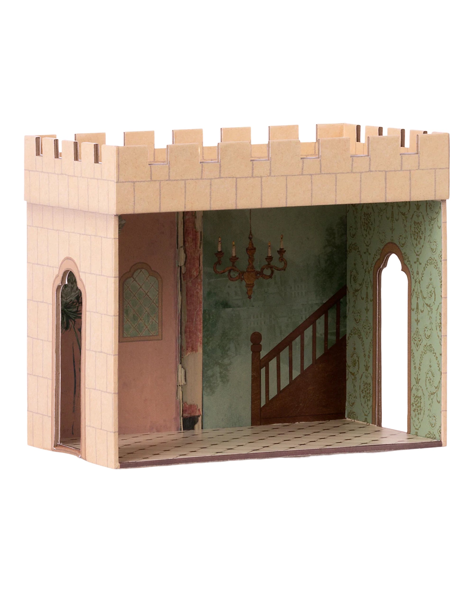 The Maileg Castle Hall by Maileg is a miniature model with open sides, painted stone walls, arched doorways, a staircase, chandelier, and wallpaper—ideal for magical tea parties or royal adventures.