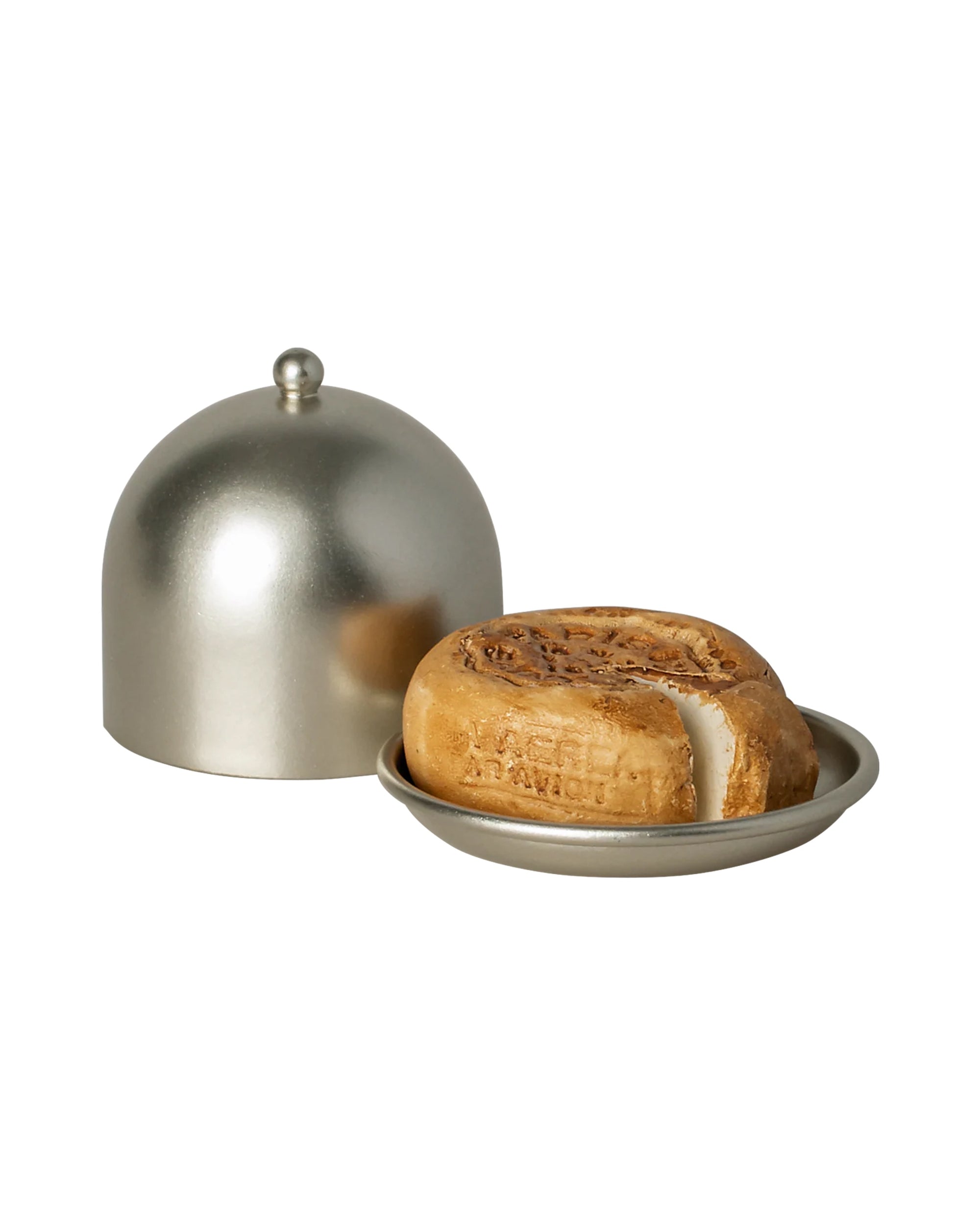 The Maileg Cheese Bell by Maileg features a realistic bagel-shaped treat on a small round metal dish, with a matching dome cover beside it, perfect as a mouse snack and displayed against a white background.