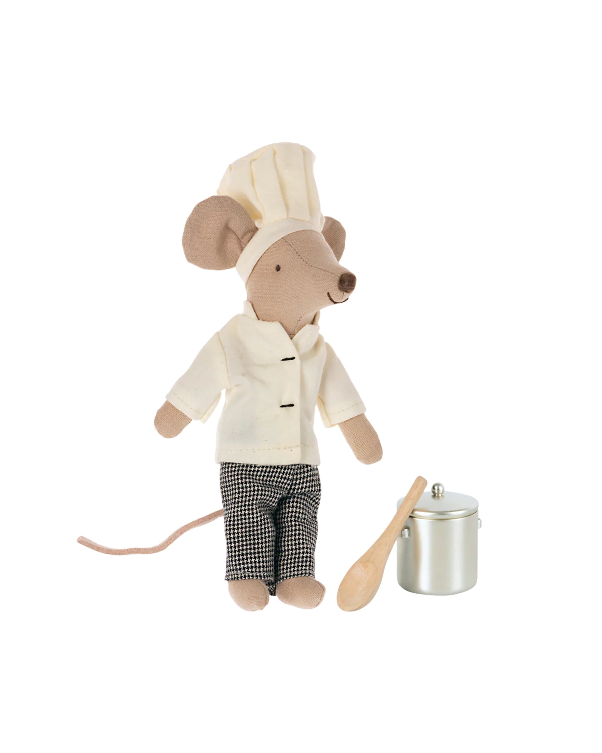 The Maileg Chef Mouse W/ Pot / Big Brother plush by Maileg wears a white chef's hat, coat, and checkered pants, standing beside a silver pot and wooden spoon playset on a white background.