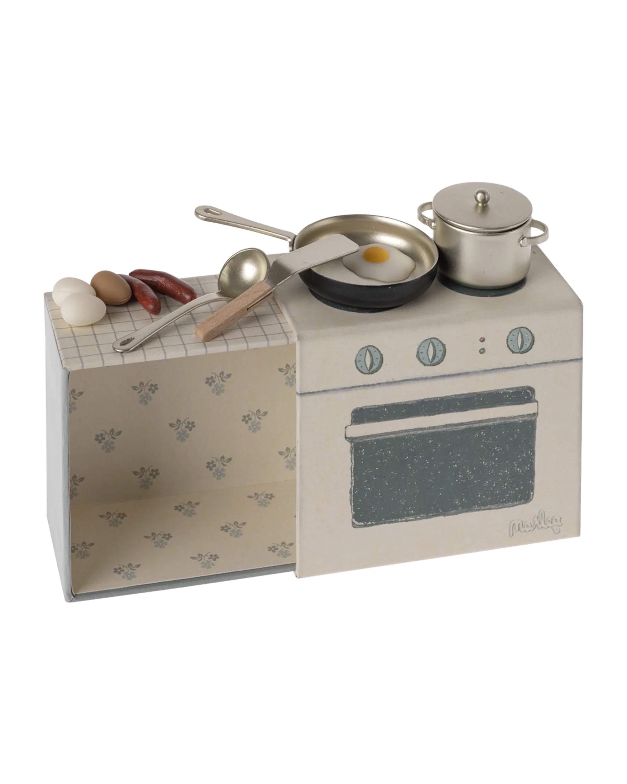 Toy cooking set with pan, pot, eggs, and sausages by Maileg for imaginative play, vintage-inspired design.