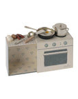 Toy cooking set with pan, pot, eggs, and sausages by Maileg for imaginative play, vintage-inspired design.