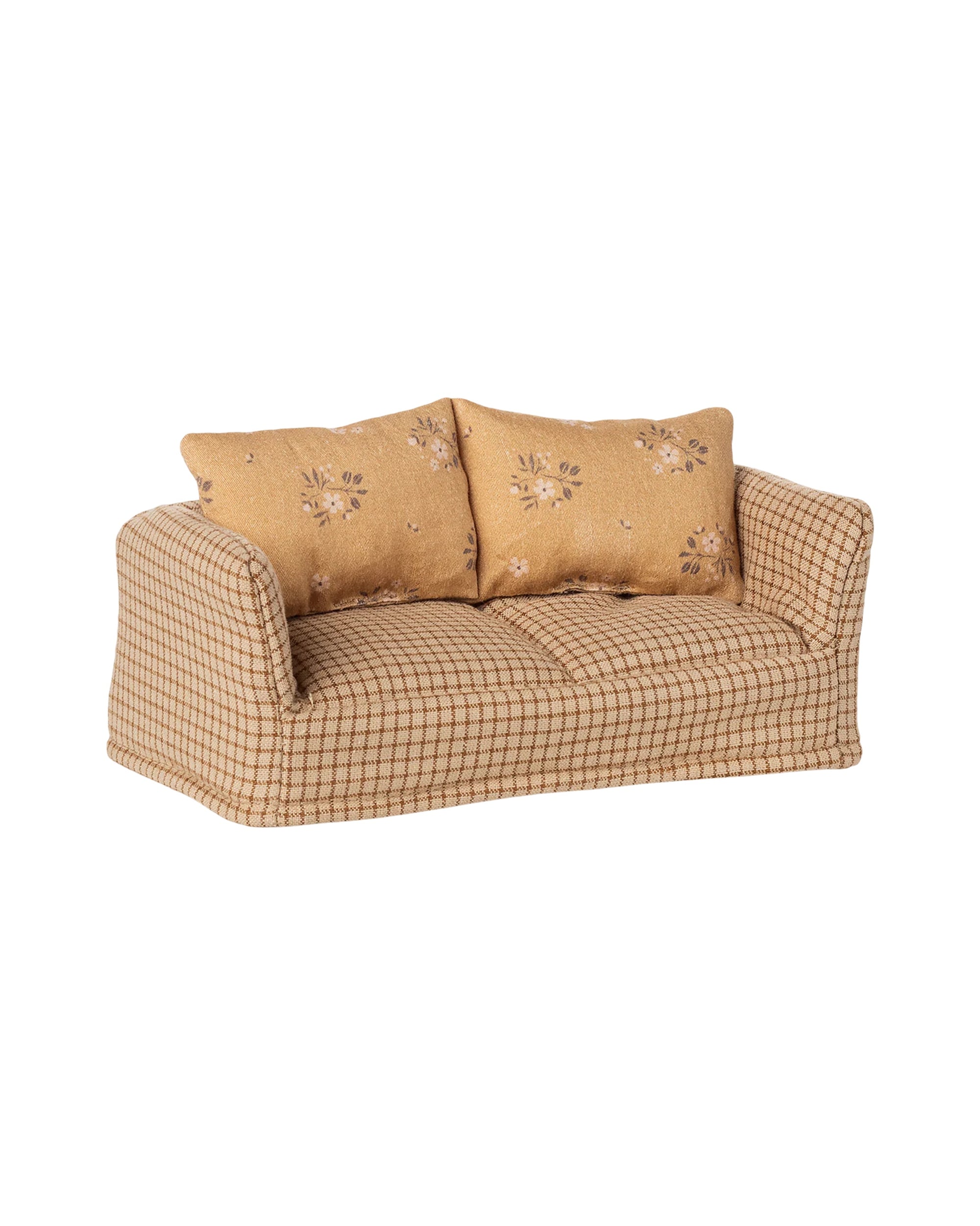 The Maileg Couch by Maileg is a small, checkered sofa in tan and brown with curved arms and two back cushions with a subtle floral pattern—ideal for creating a cozy living room look.