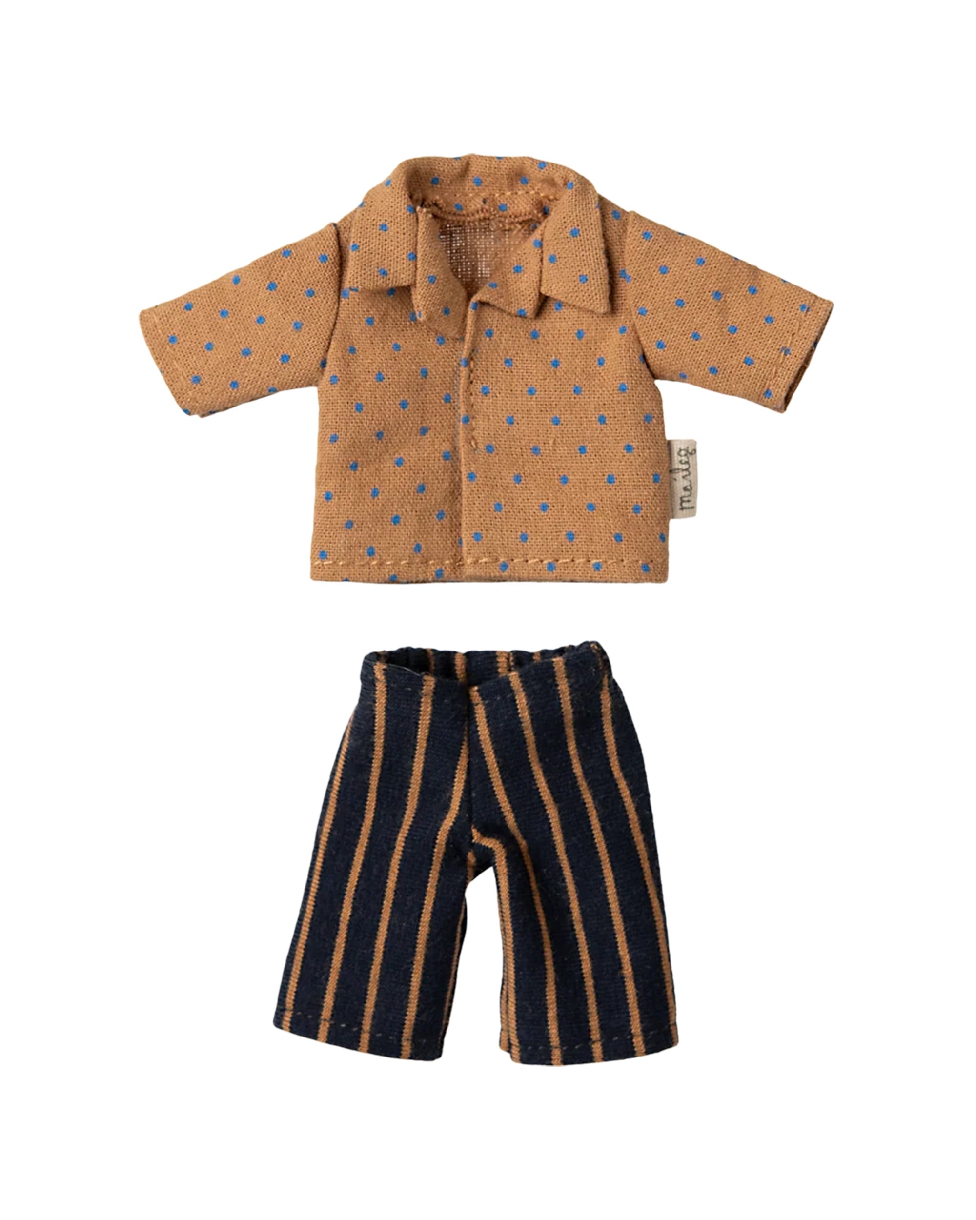 Dad Mouse outfit with striped pants and shirt, Maileg brand, flat lay on white background.