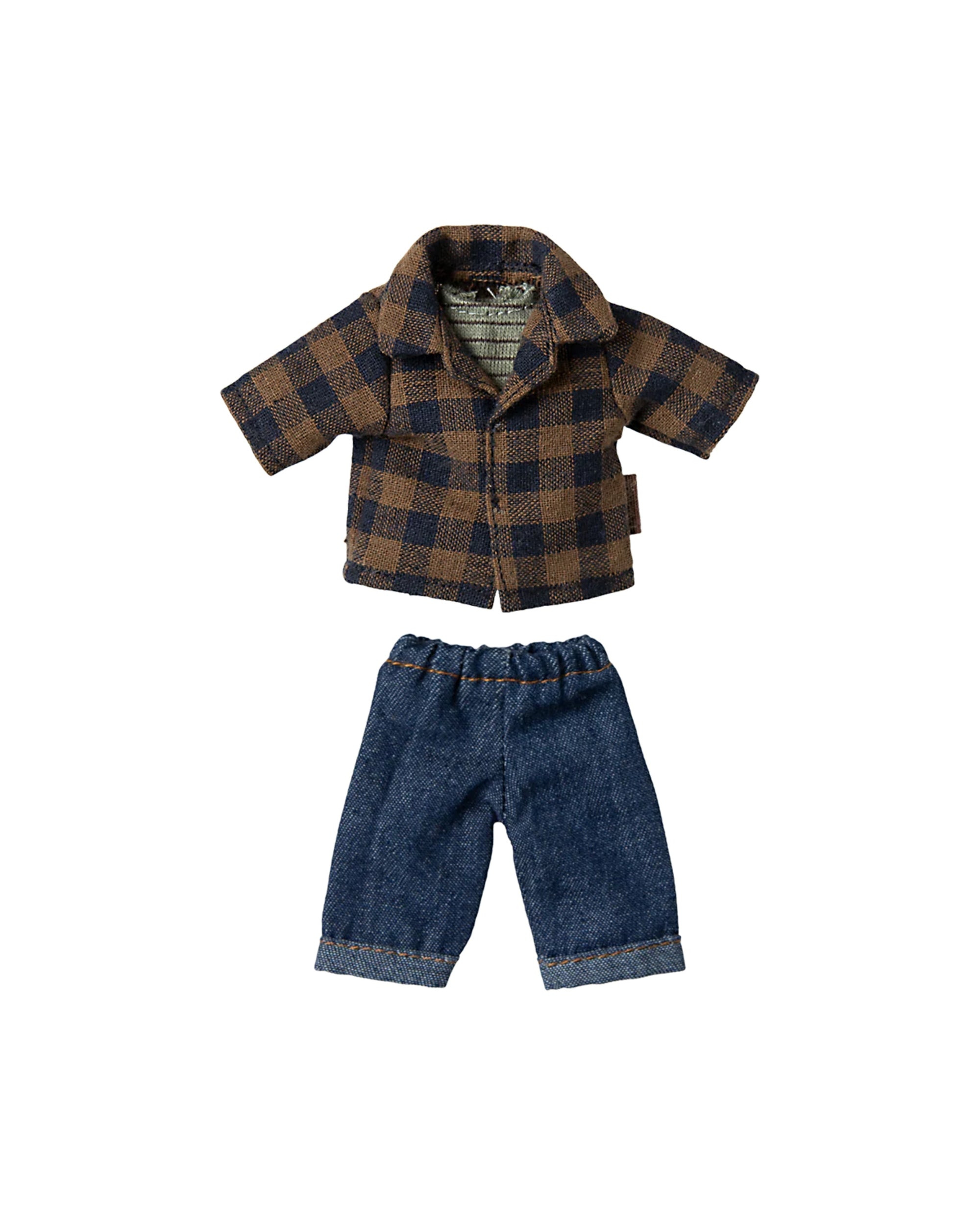 The Maileg Dad Mouse Outfit by Maileg features a brown and navy plaid flannel shirt with a collar and classic jeans, doll-sized and displayed on a white background.
