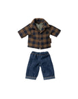 The Maileg Dad Mouse Outfit by Maileg features a brown and navy plaid flannel shirt with a collar and classic jeans, doll-sized and displayed on a white background.