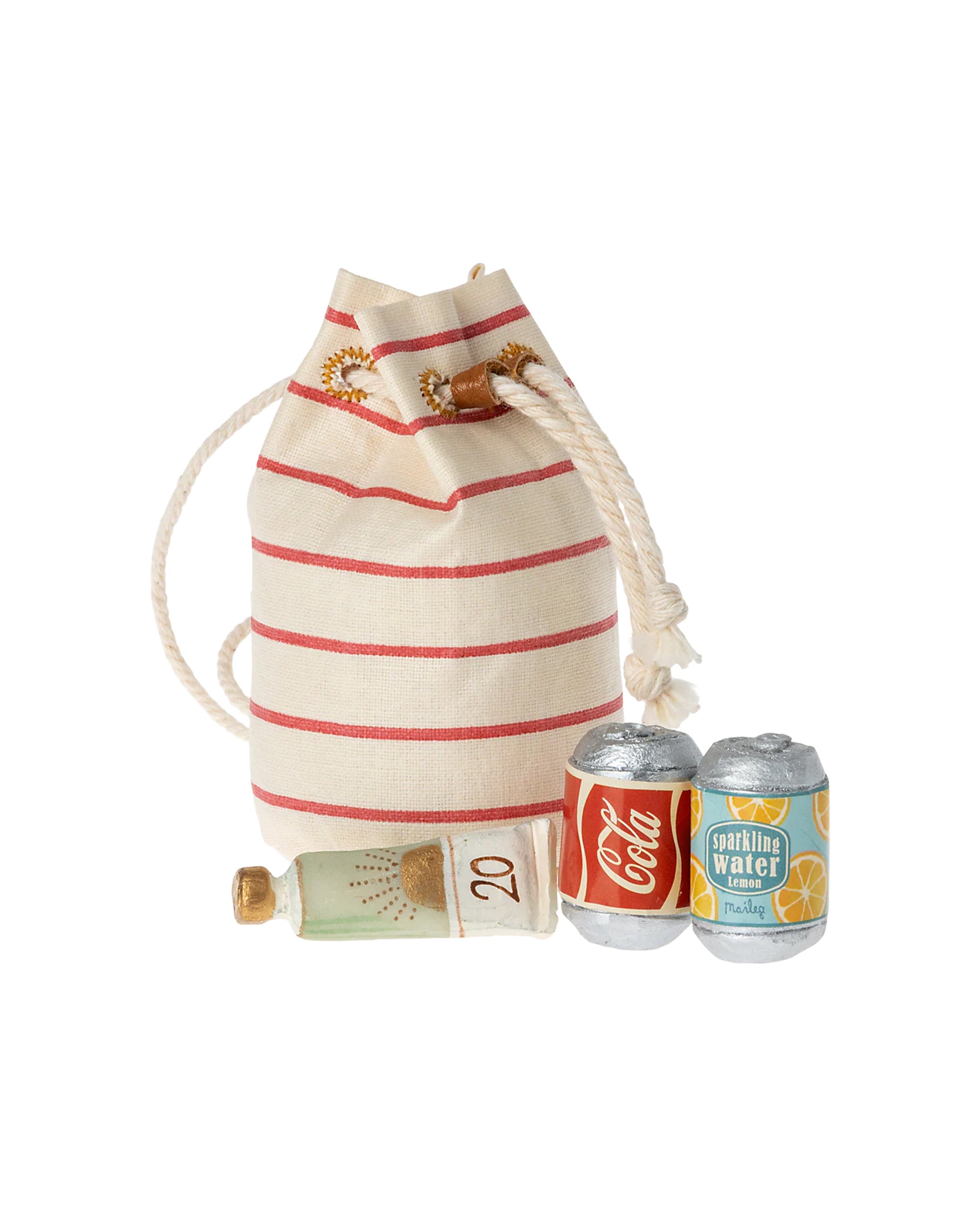 The Maileg Bag W/ Beach Essentials includes a striped tote with red lines behind a mini bottle and two cans labeled "Coca-Cola" and "Sparkling Water" (with lemon slices)—adorable, mouse-sized items perfect for a beach day.