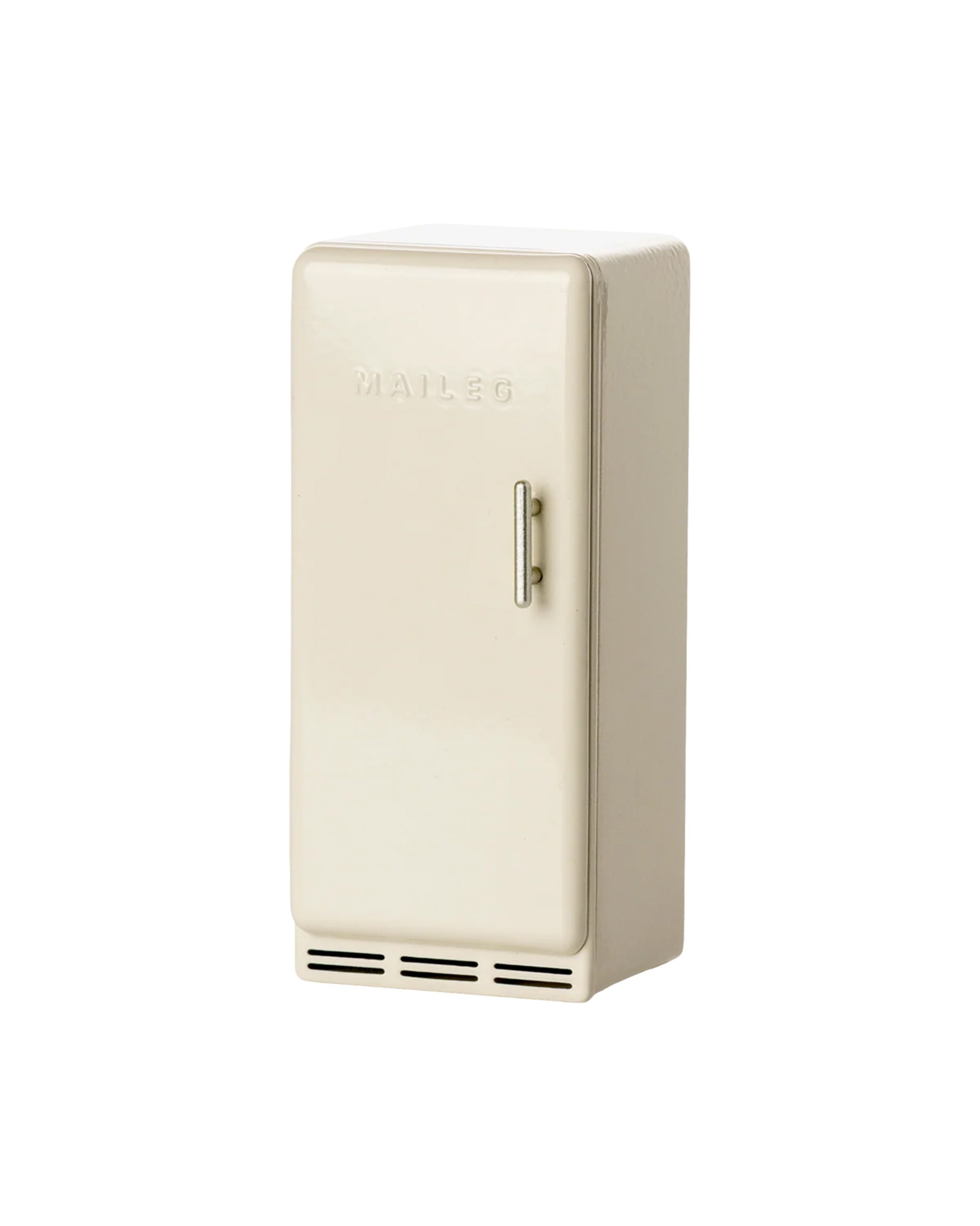The Maileg Fridge by Maileg is a small, cream-colored, old-fashioned fridge with an embossed logo and single handle, ideal for the Maileg Mouse hole Farmhouse and shown against a white background.