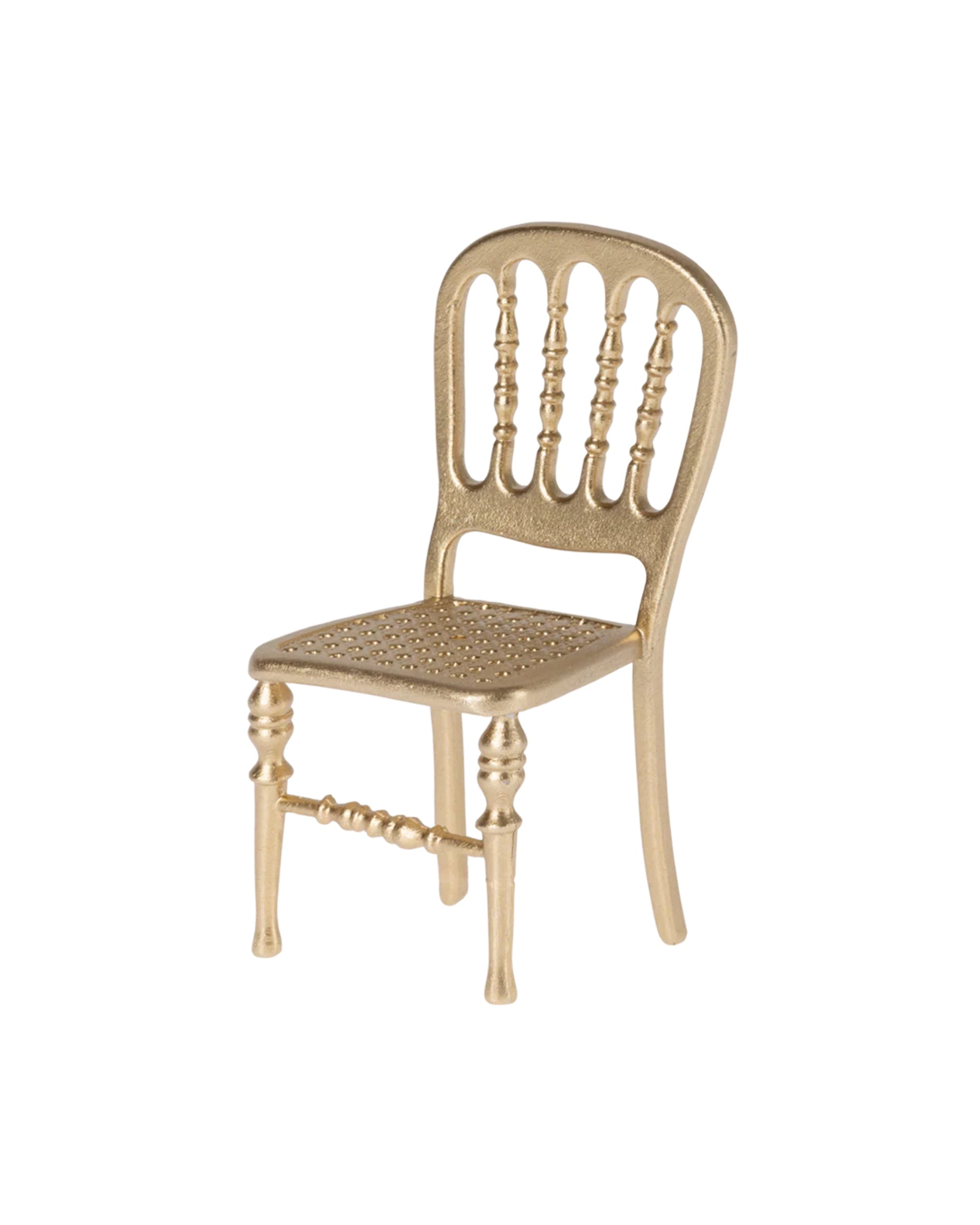 The Maileg Gold Chair by Maileg is a small, ornate vintage-style chair with a decorative back and perforated seat, ideal for a mice collection or mouse castle, shown against a plain white background.
