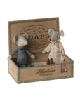 Maileg Grandma & Grandpa Mice by Maileg are two fabric dolls in patterned outfits, seated in an open vintage-style wooden cigar box labeled "Havanna Cigars," featuring printed designs and a hinged lid.