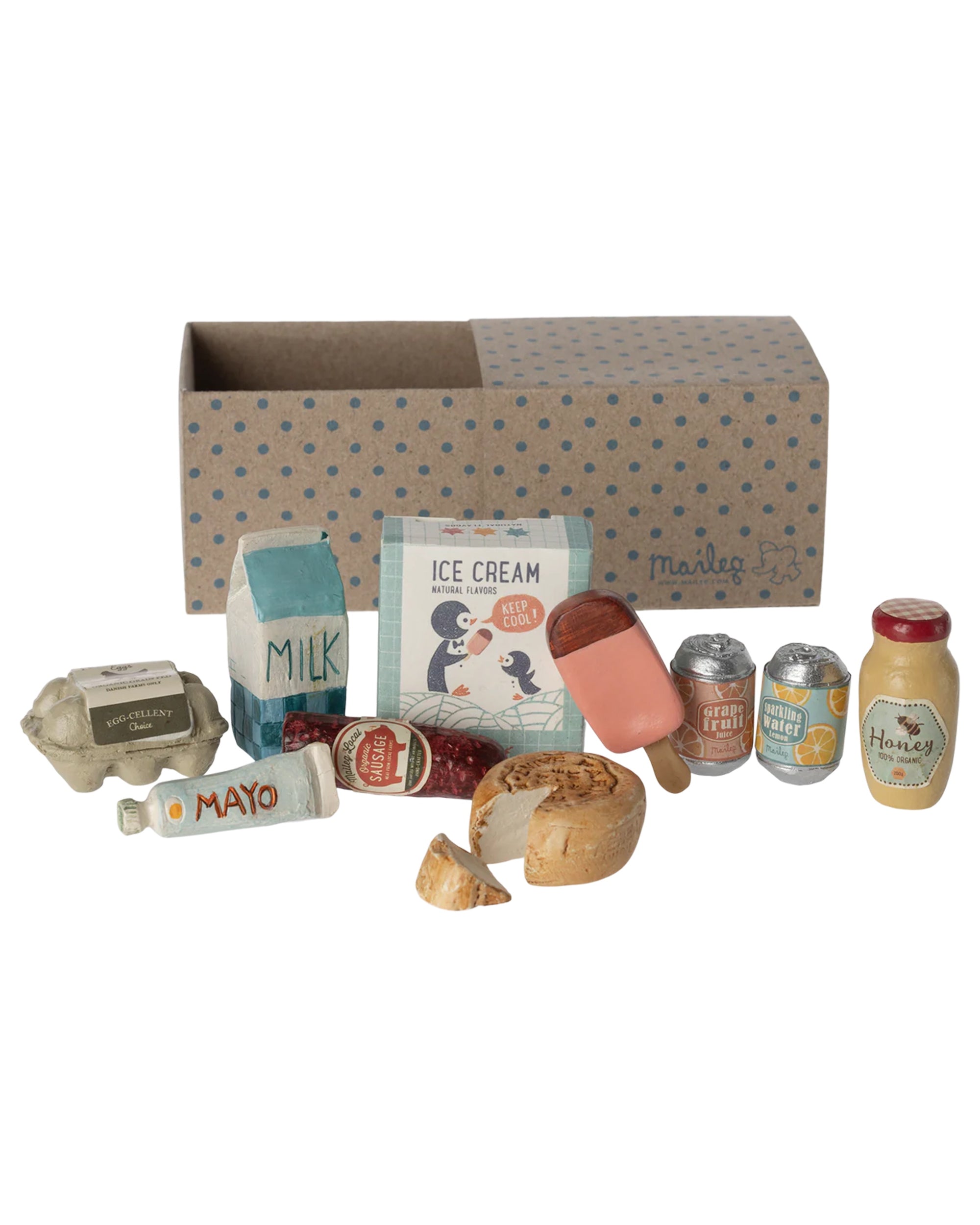 Miniature grocery box play set with assorted foods by Maileg, perfect for imaginative kitchen play.