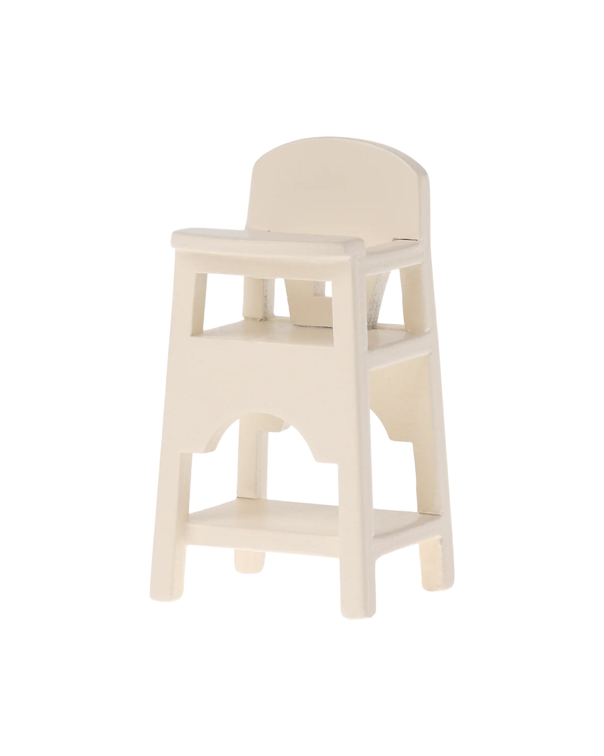 The Maileg High Chair by Maileg is a small, cream-colored chair with a simple backrest and footrest, ideal as dollhouse furniture or for baby mice accessories, shown against a plain white background.