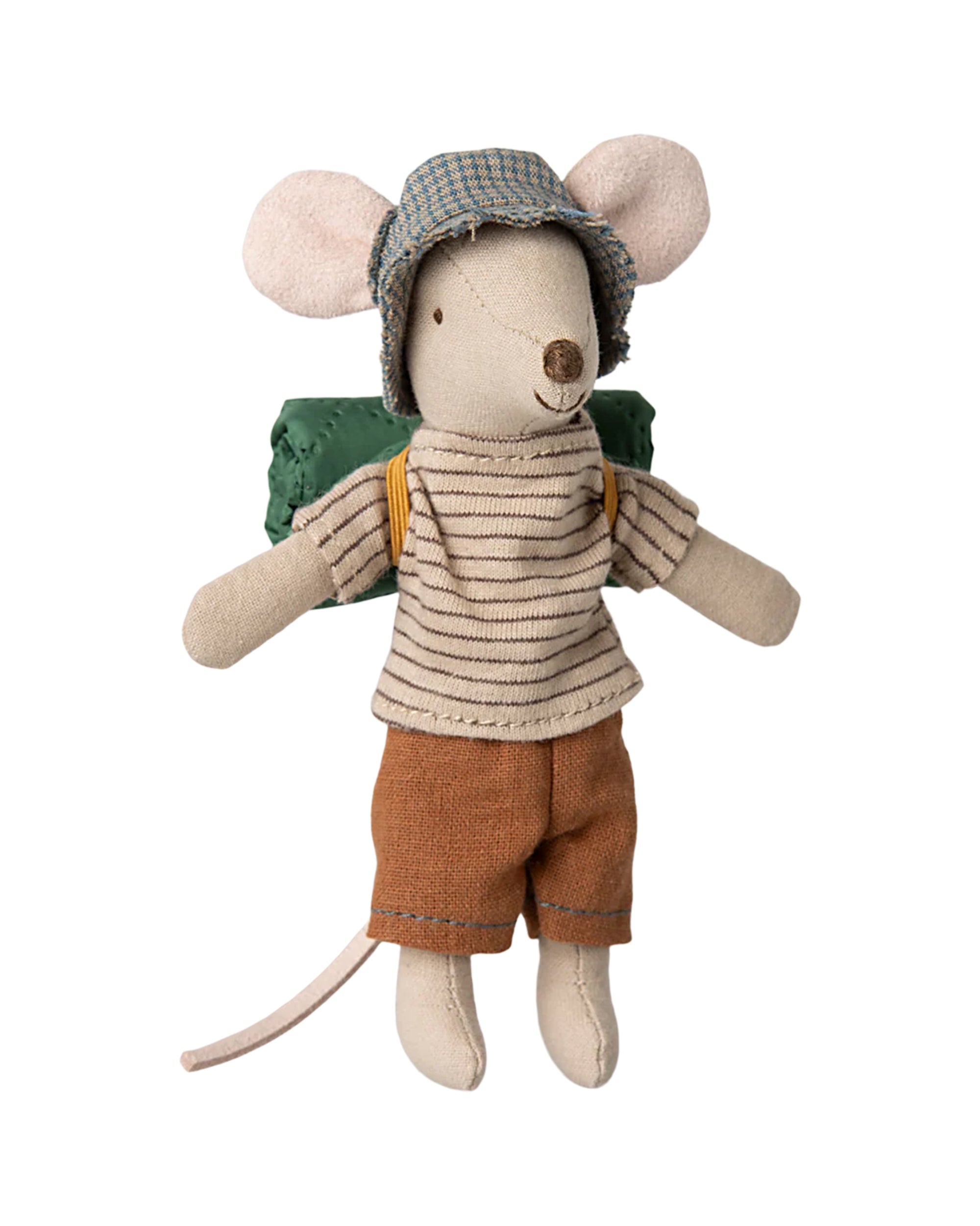 The Maileg Hiker Mouse by Maileg is a light gray stuffed toy with pink ears, a long tail, plaid bucket hat, striped shirt, brown shorts, and green backpack—charmingly dressed and ready for adventure.