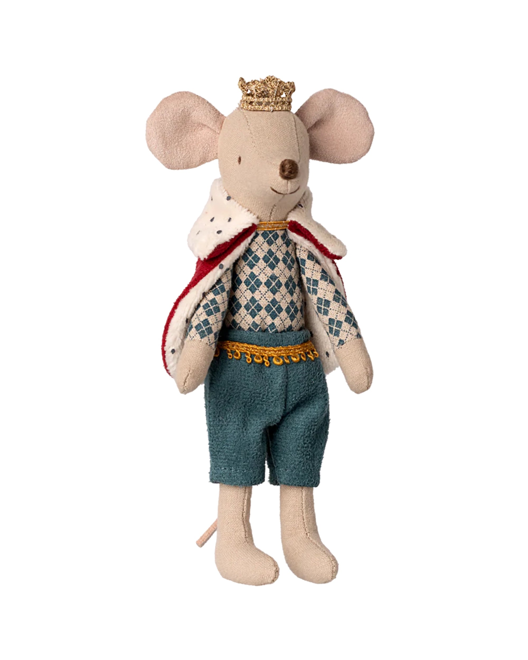 The Maileg Royal Mouse by Maileg is a plush toy dressed in a gold crown, blue checkered shirt, teal shorts, and red royal cape with white trim, standing upright against a white background.