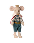 The Maileg Royal Mouse by Maileg is a plush toy dressed in a gold crown, blue checkered shirt, teal shorts, and red royal cape with white trim, standing upright against a white background.