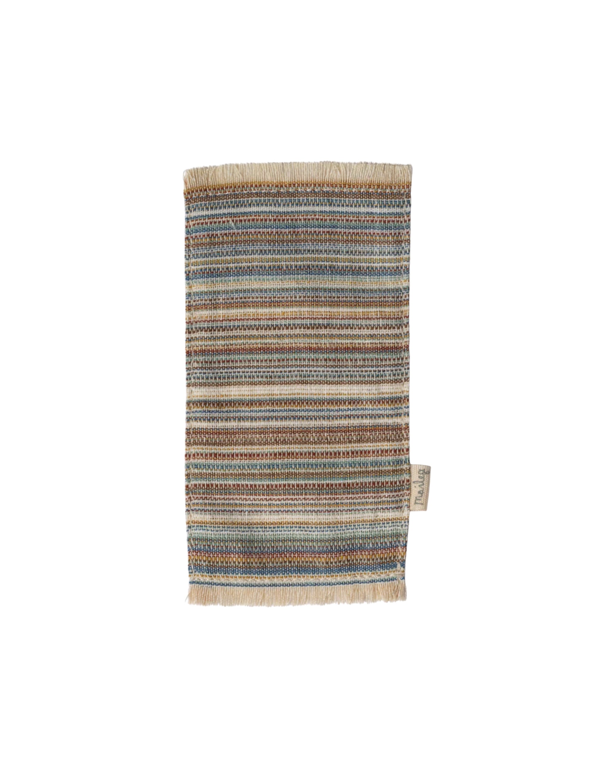 The Maileg Rug by Maileg is a rectangular woven door mat with horizontal stripes in blue, brown, beige, and green. It features fringed edges and a small fabric tag—ideal as a stylish accent for your small home decor. Shown on a white background.