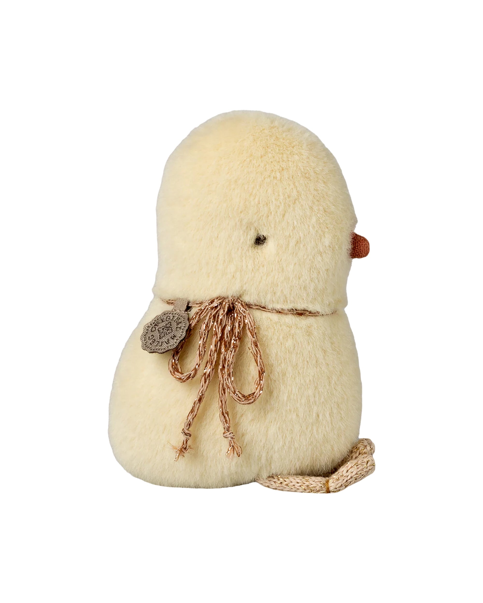 The Maileg Chicken Plush Mini is a soft yellow stuffed toy with a small orange beak, simple stitched eye, and brown neck string. It sits upright on a white background.