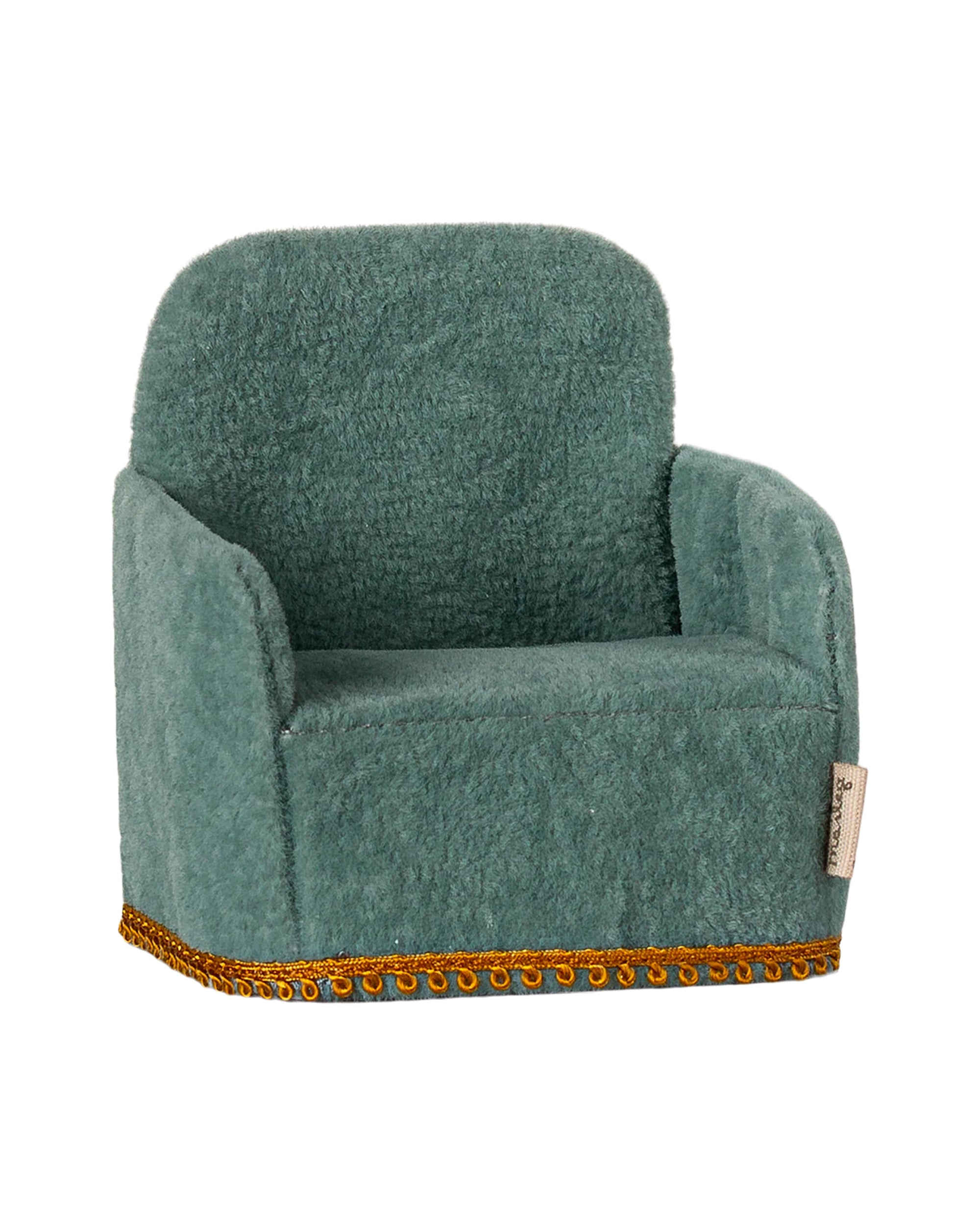 The Maileg Folding Chair by Maileg, featuring plush green fabric and gold trim, is ideal for the Mouse hole Farmhouse and is displayed on a plain white background.
