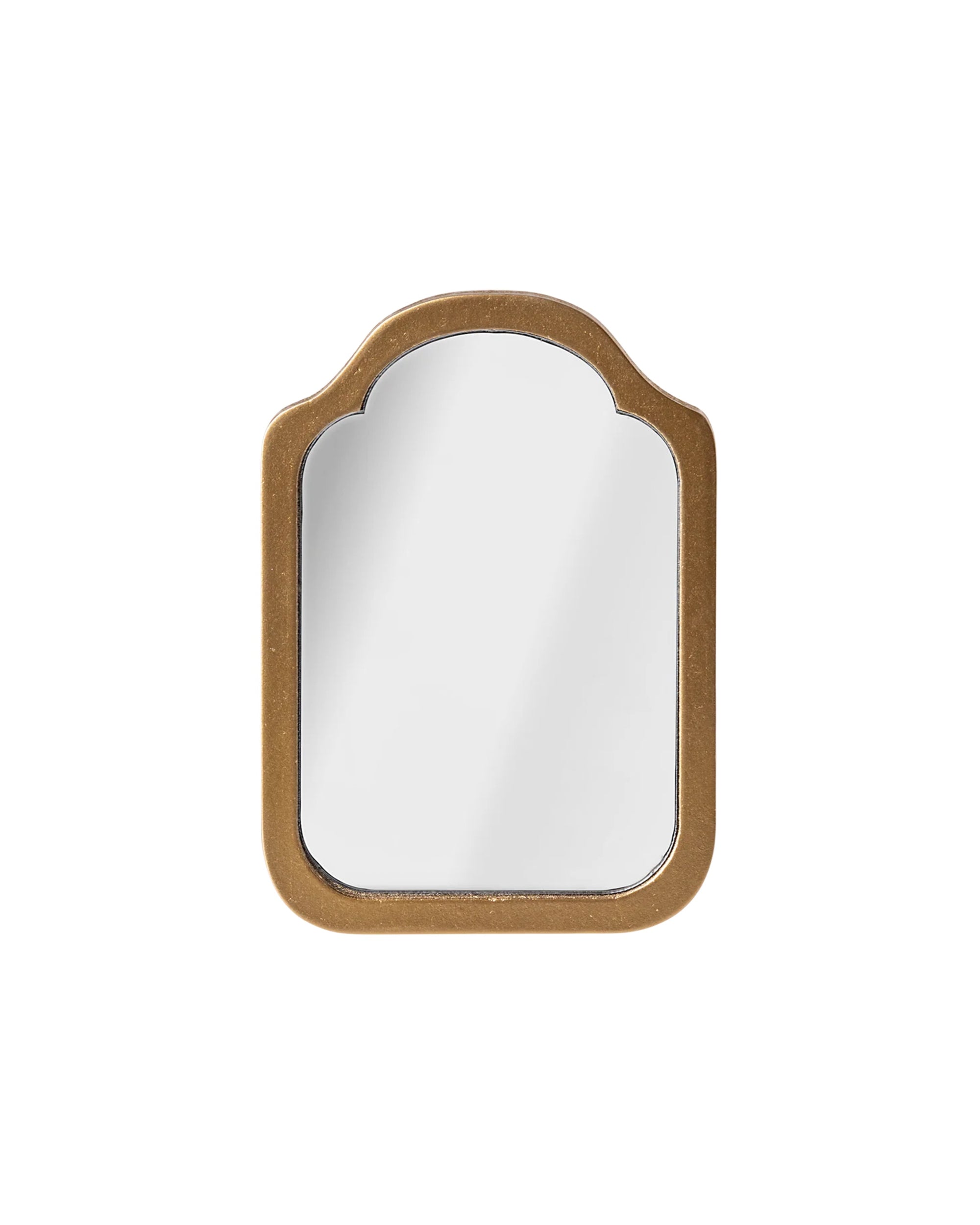 The Maileg Mirror by Maileg features a decorative gold arched frame with curved edges and a smooth finish, set against a white background—ideal as a stylish bathroom mirror.