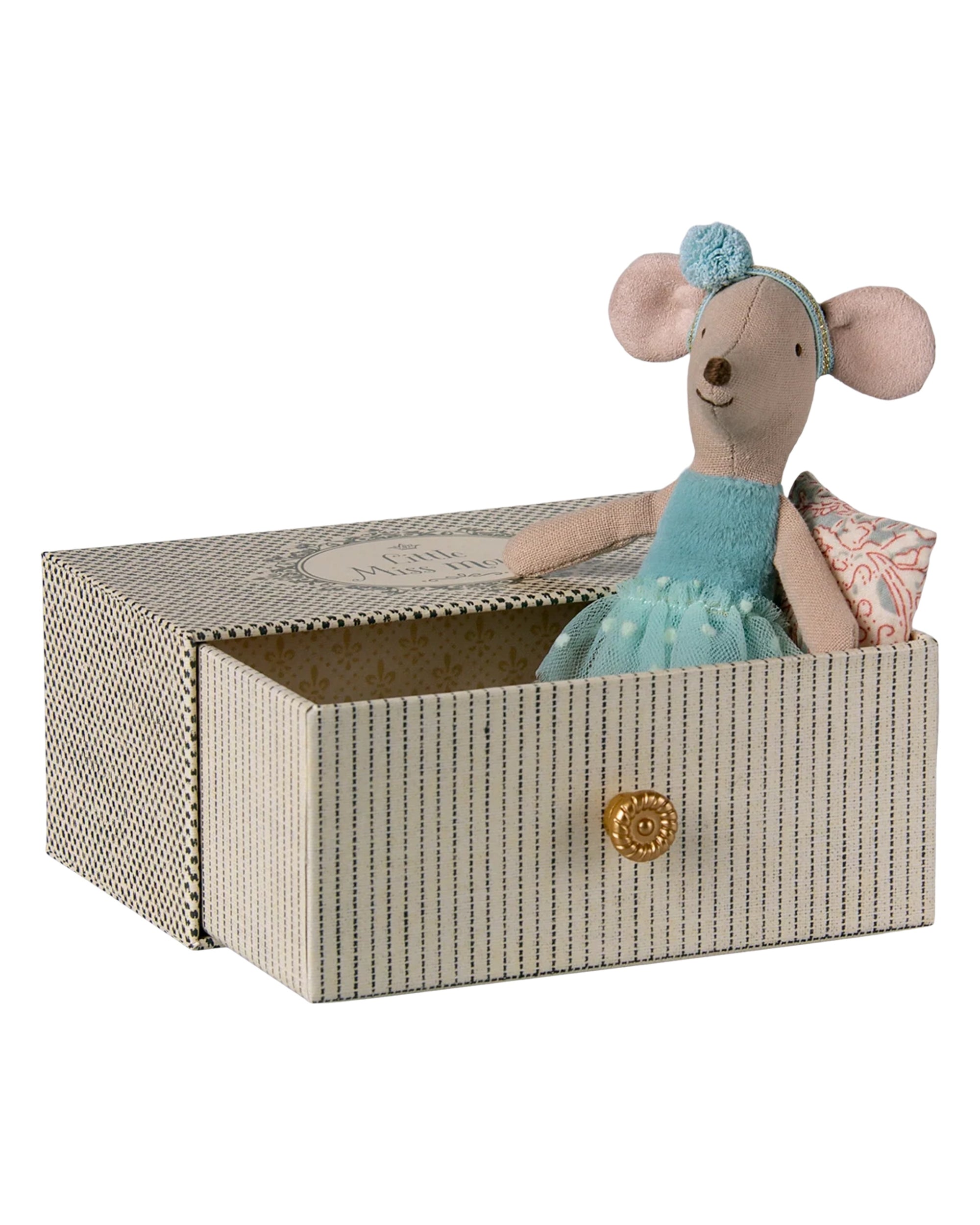 Maileg Dance Mouse Little Sis in blue tutu sits with pillow on gold-knob daybed, Bungalow Furniture &amp; Accessories.