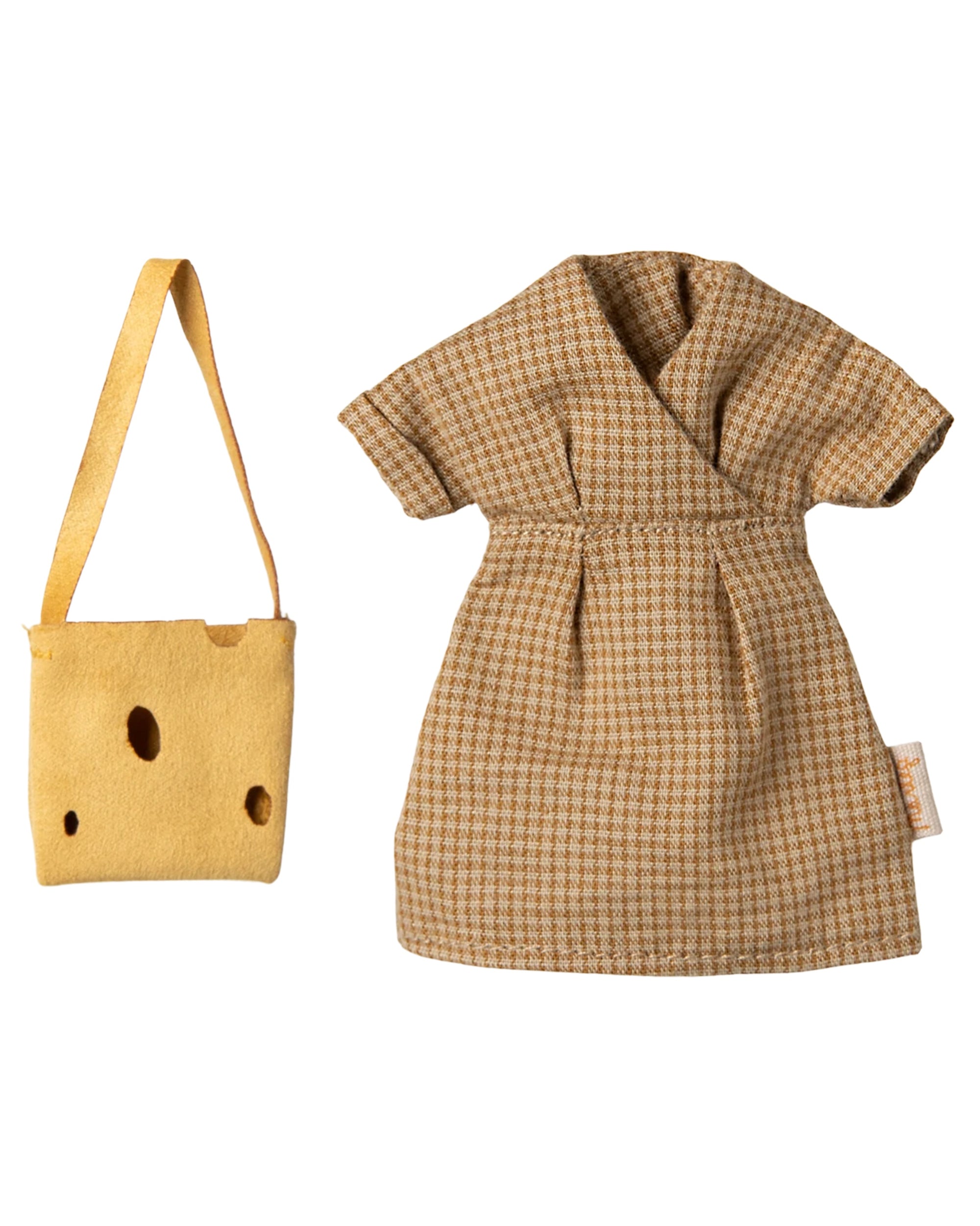 Brown plaid short-sleeve doll dress with yellow felt purse, Maileg Mum Mouse collection at Bungalow Furniture.