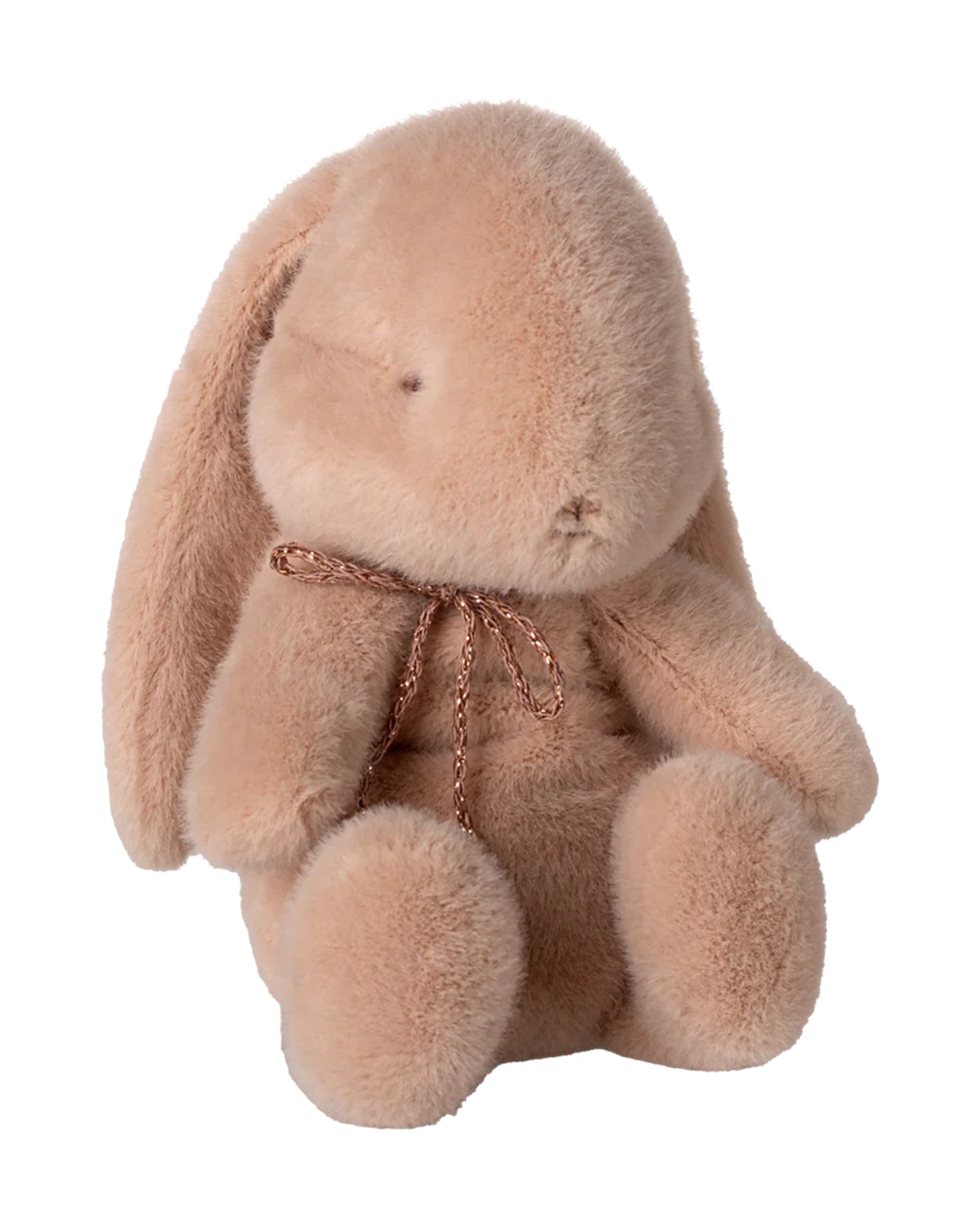 The Maileg Bunny Plush is a soft, light brown stuffed bunny with floppy ears and simple facial features, sitting upright and wearing a thin brown ribbon around its neck.