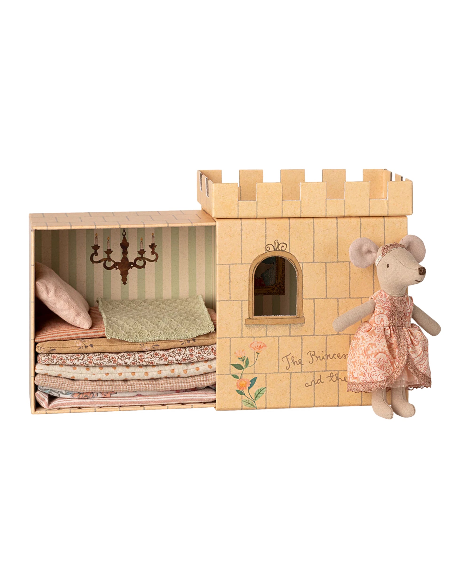 The Maileg Princess & the Pea / Big Sister set by Maileg features a princess mouse in a pink dress, a cardboard castle, and a stacked mattress bed, inspired by the classic tale "The Princess and the Pea.