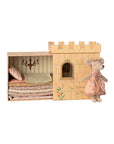 The Maileg Princess & the Pea / Big Sister set by Maileg features a princess mouse in a pink dress, a cardboard castle, and a stacked mattress bed, inspired by the classic tale "The Princess and the Pea.