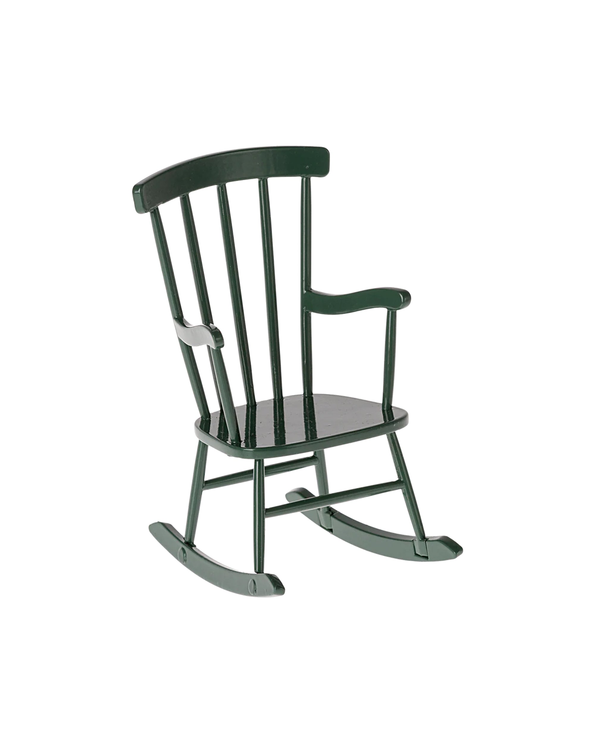 The Maileg Rocking Chair by Maileg is a dark green wooden chair with vertical slats and curved rockers, ideal as mouse furniture or a stylish living room accessory, shown against a white background.